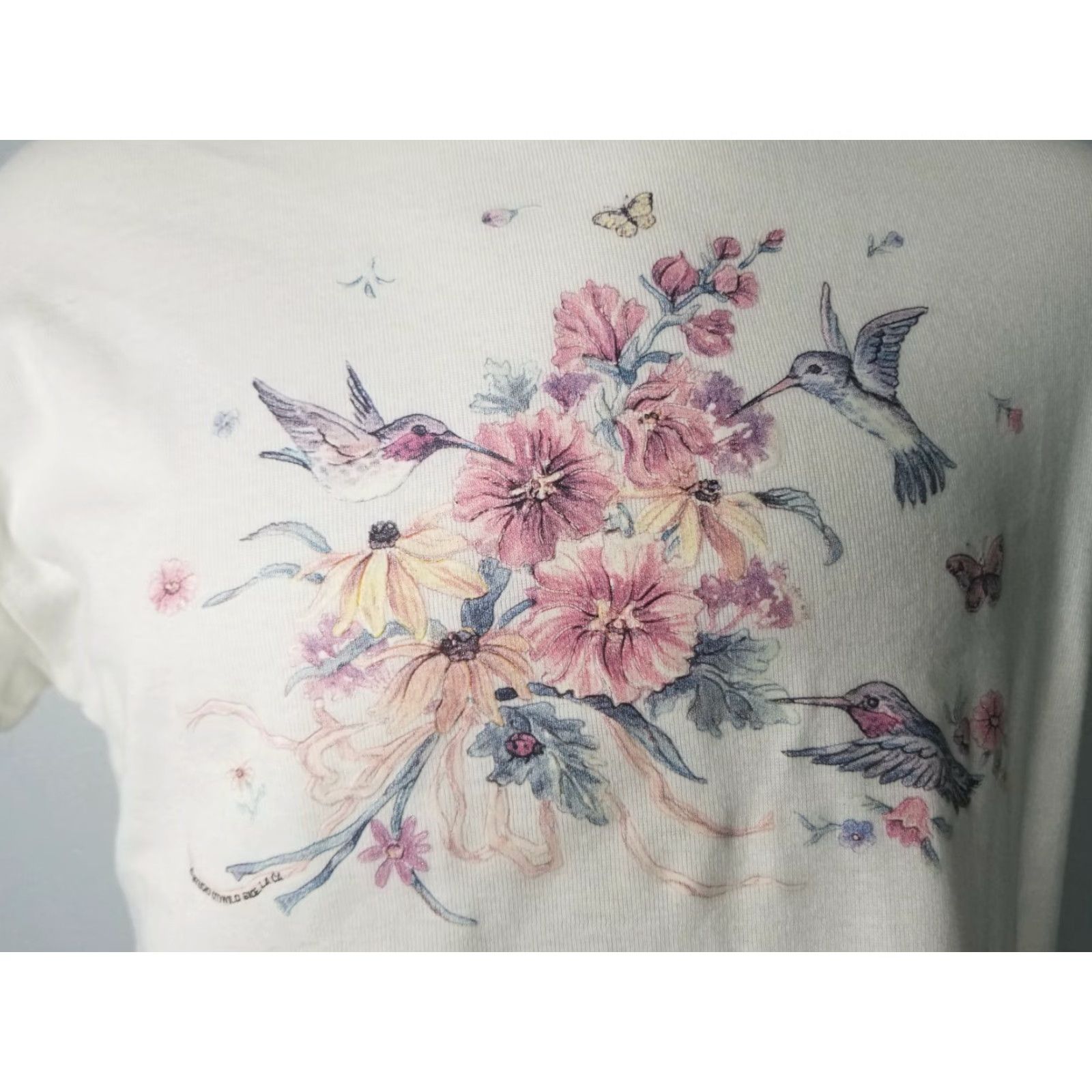 Vintage Vintage PFI Fashions, INC. Women's Cotton Blend Crew Neck Top XL Floral Hummingbird 90s Casual Womens Size XL / US 12-14 / IT 48-50 - 2 Thumbnail
