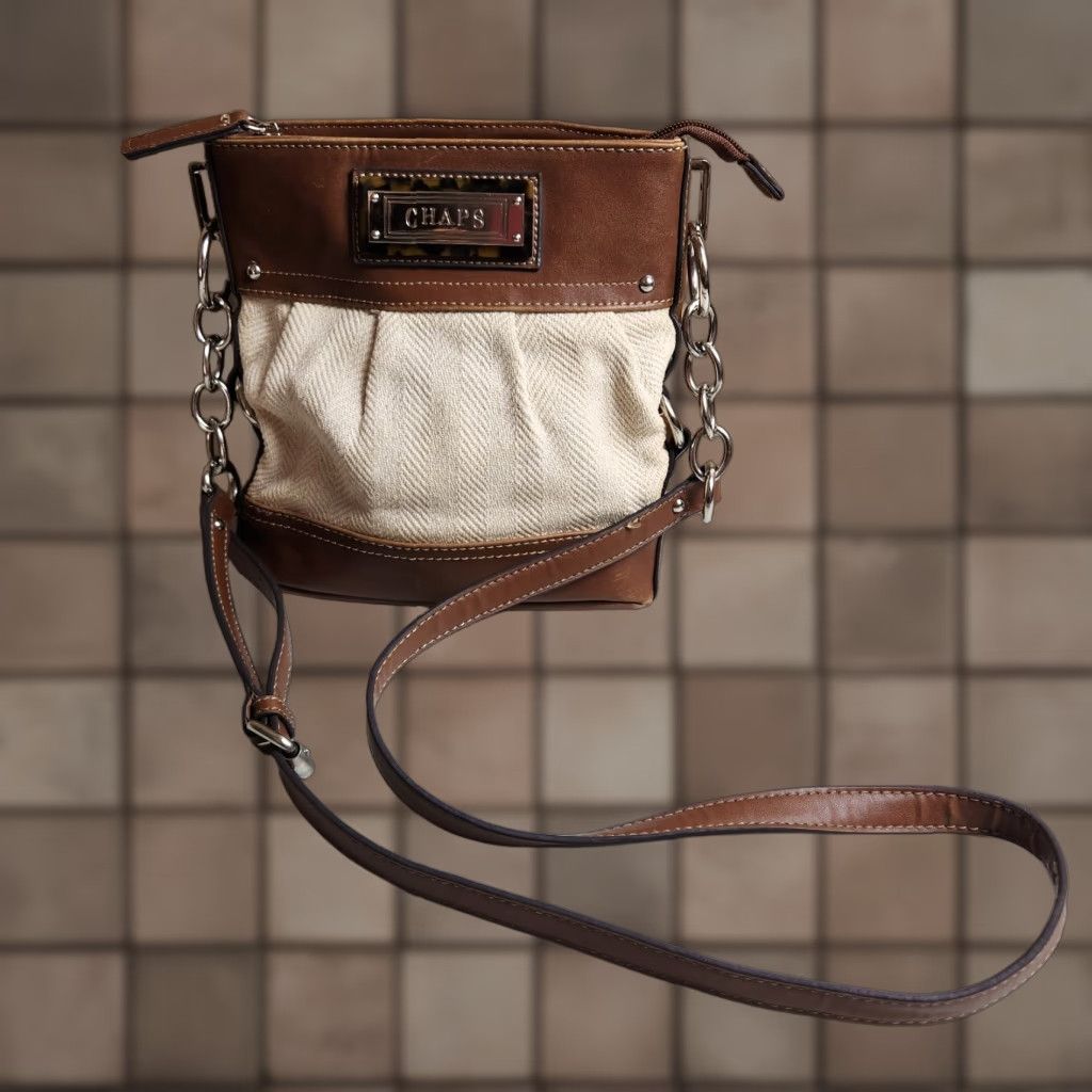 Chaps Chaps Crossbody Bag Womens Cream Canvas Herringbone/Brown Faux Leather Travel Casual Small Beige Beige Silver Crossbody Strap Size ONE SIZE - 1 Thumbnail