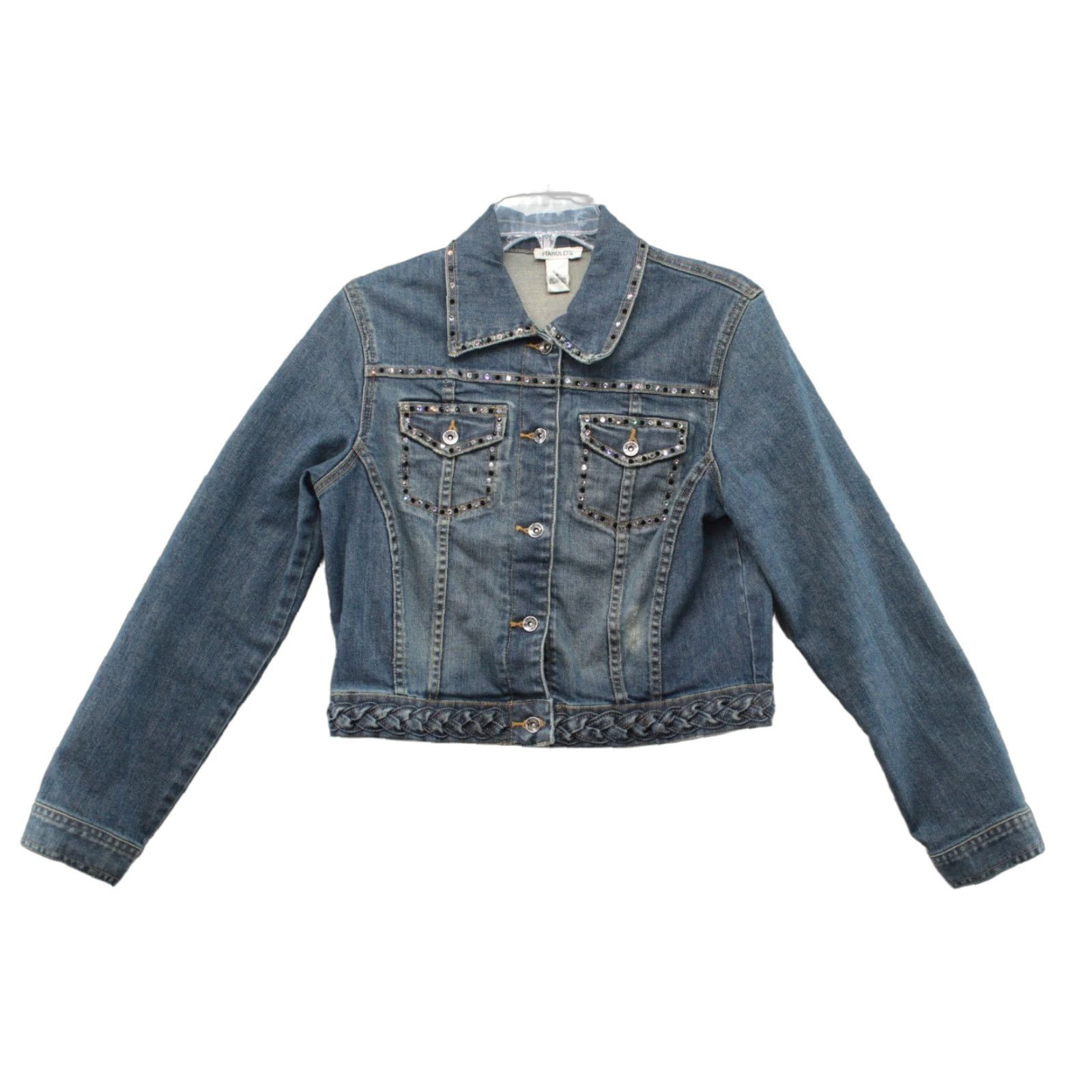 Vintage Harolds Denim Trucker Jacket Womens Medium Rhinestone Studded Cross Cropped Size M / US 6-8 / IT 42-44 - 1 Thumbnail