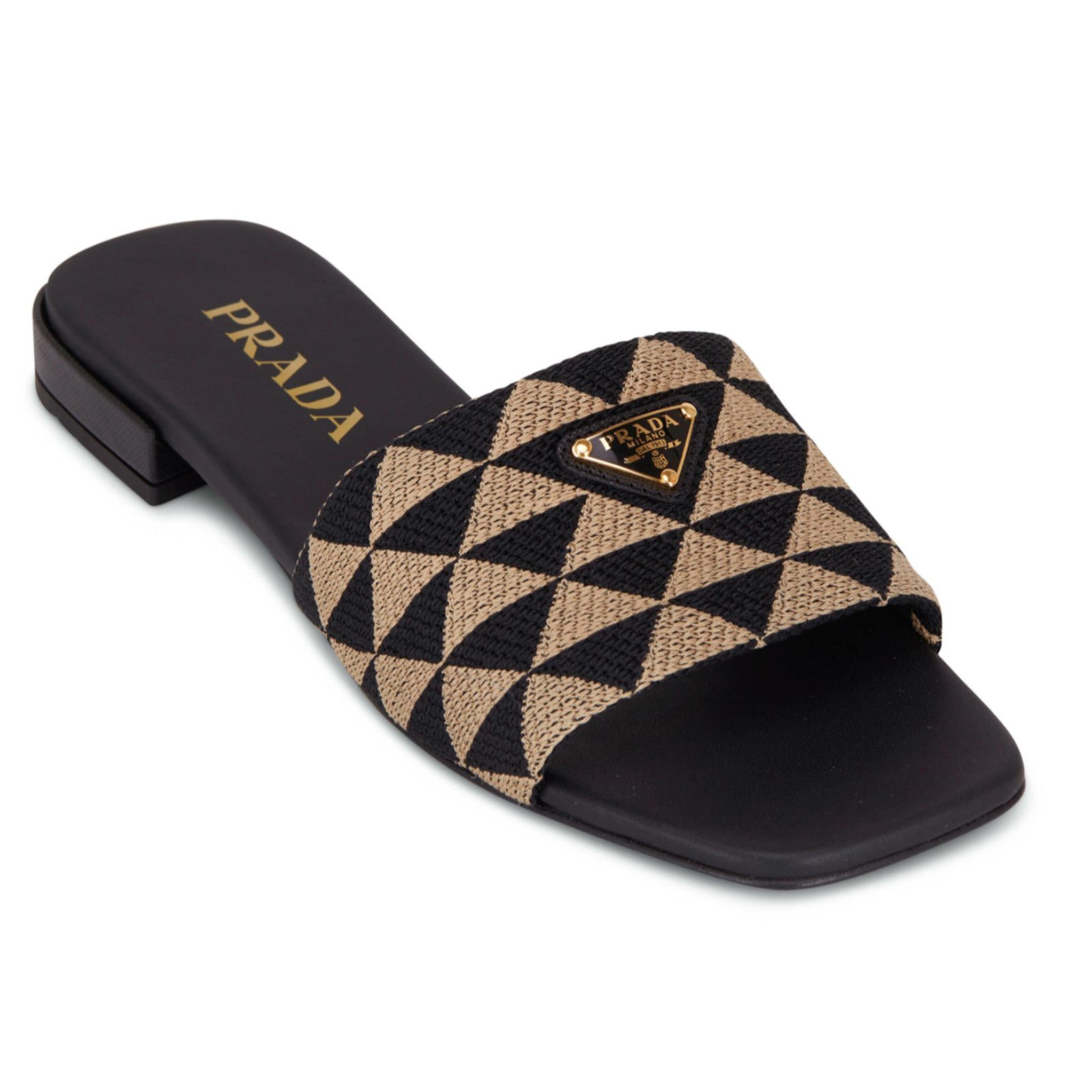 Prada Prada Jacquard Triangle Logo Black Beige Tan Leather Slide Size US 7.5 / IT 37.5 - 1 Thumbnail