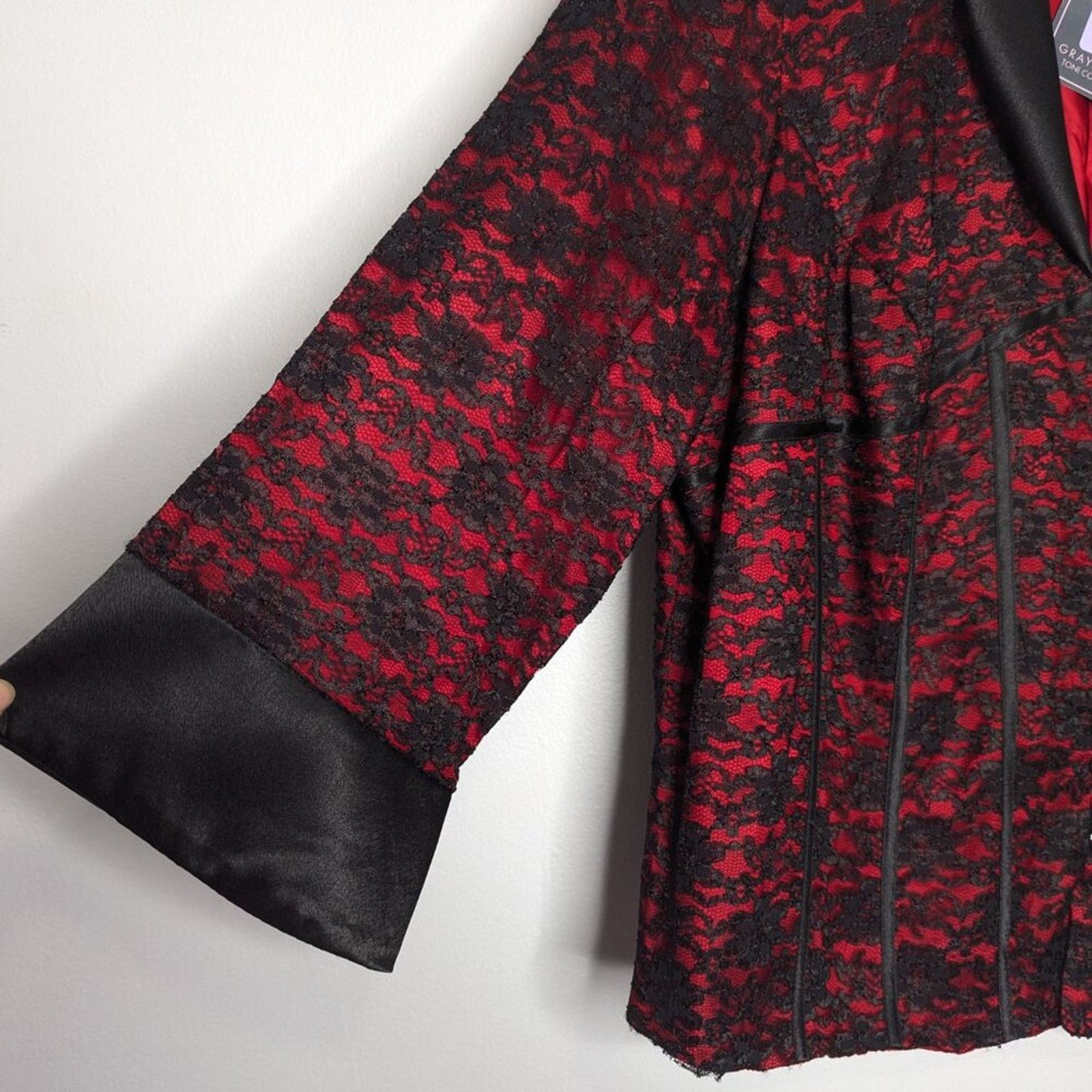 Vintage Vintage 90's JR Nites Red Black Lace Blazer Satin Trim Goth Size 3XL / US 20-22 - 4 Thumbnail