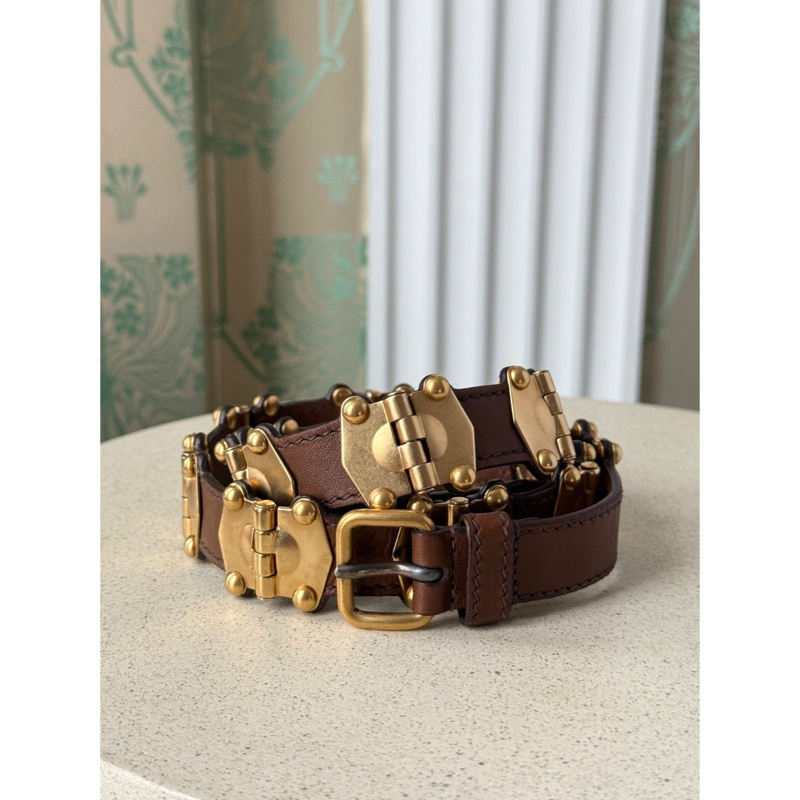 Miu Miu Miu Miu Leather Studded Grommet Buckle Brown Gold Belt 90/36 Size ONE SIZE - 1 Thumbnail
