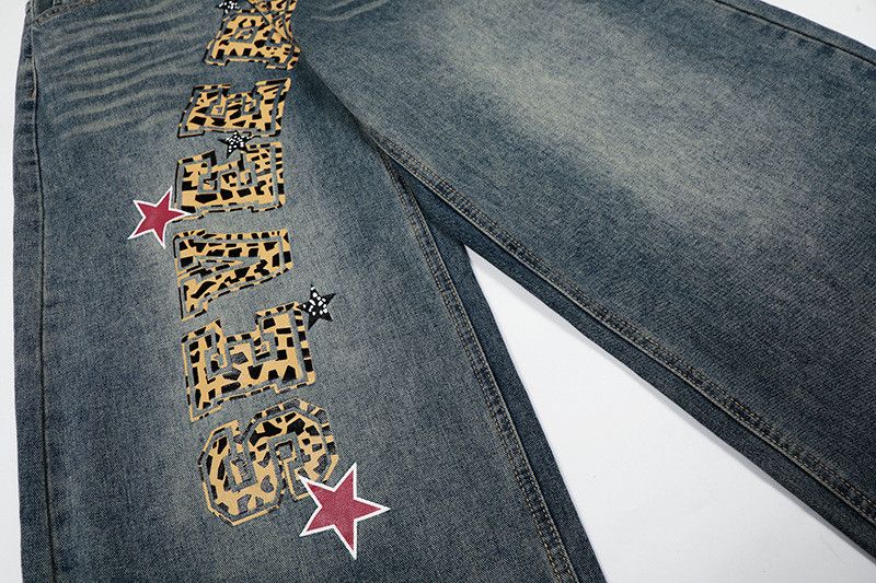 Jean American retro creative leopard letter print star jeans Size US 32 / EU 48 - 4 Thumbnail