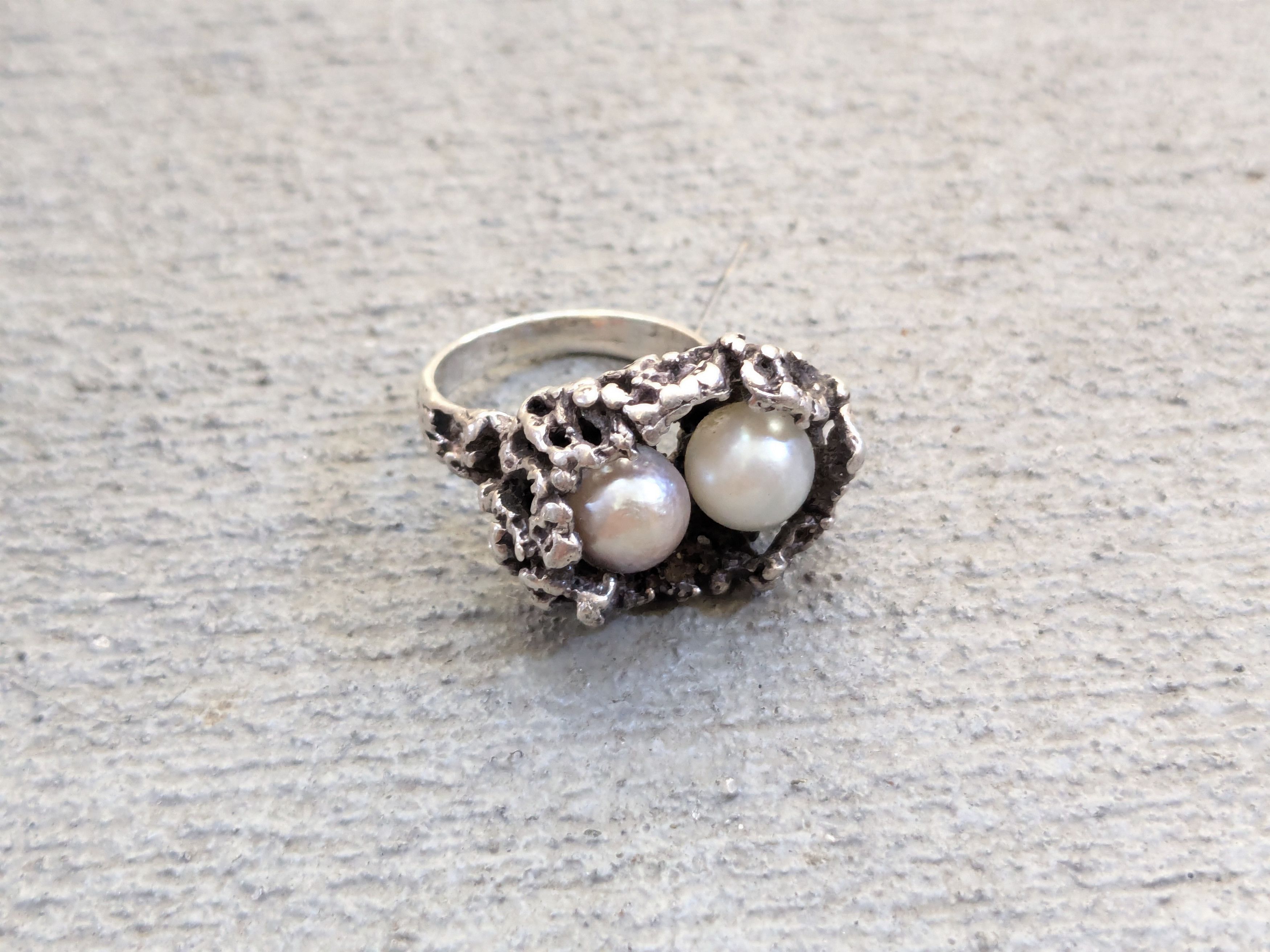 Avant Garde x Jewelry Vintage Sterling Silver Ring Pearl Brutalist Modern Abstract, Men's