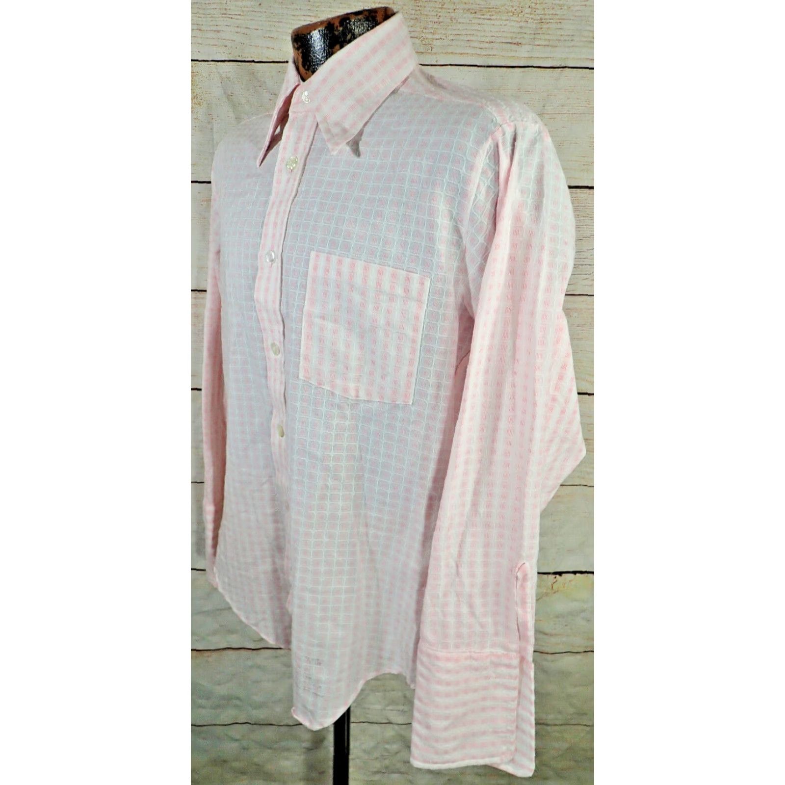 Sears VINTAGE SEARS Perma-Prest Pink White Geometric 70s Shirt Mens M French Cuff Size US M / EU 48-50 / 2 - 2 Thumbnail