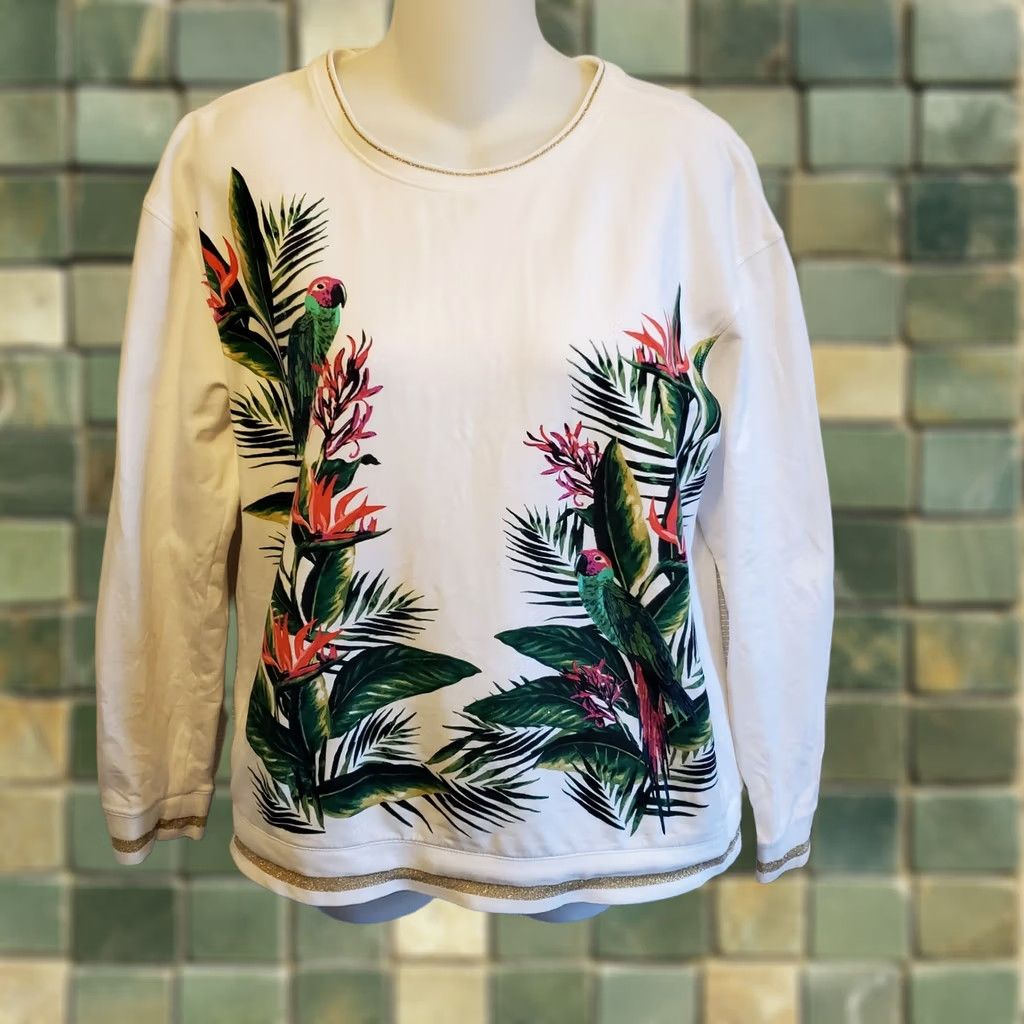 Tommy Bahama Tommy Bahama Sweatshirt Ladies M White Parrot Graphic Tropical Gold Trim Crew Neck Pullover Activewear Casual Glitter Size M / US 6-8 / IT 42-44 - 1 Thumbnail