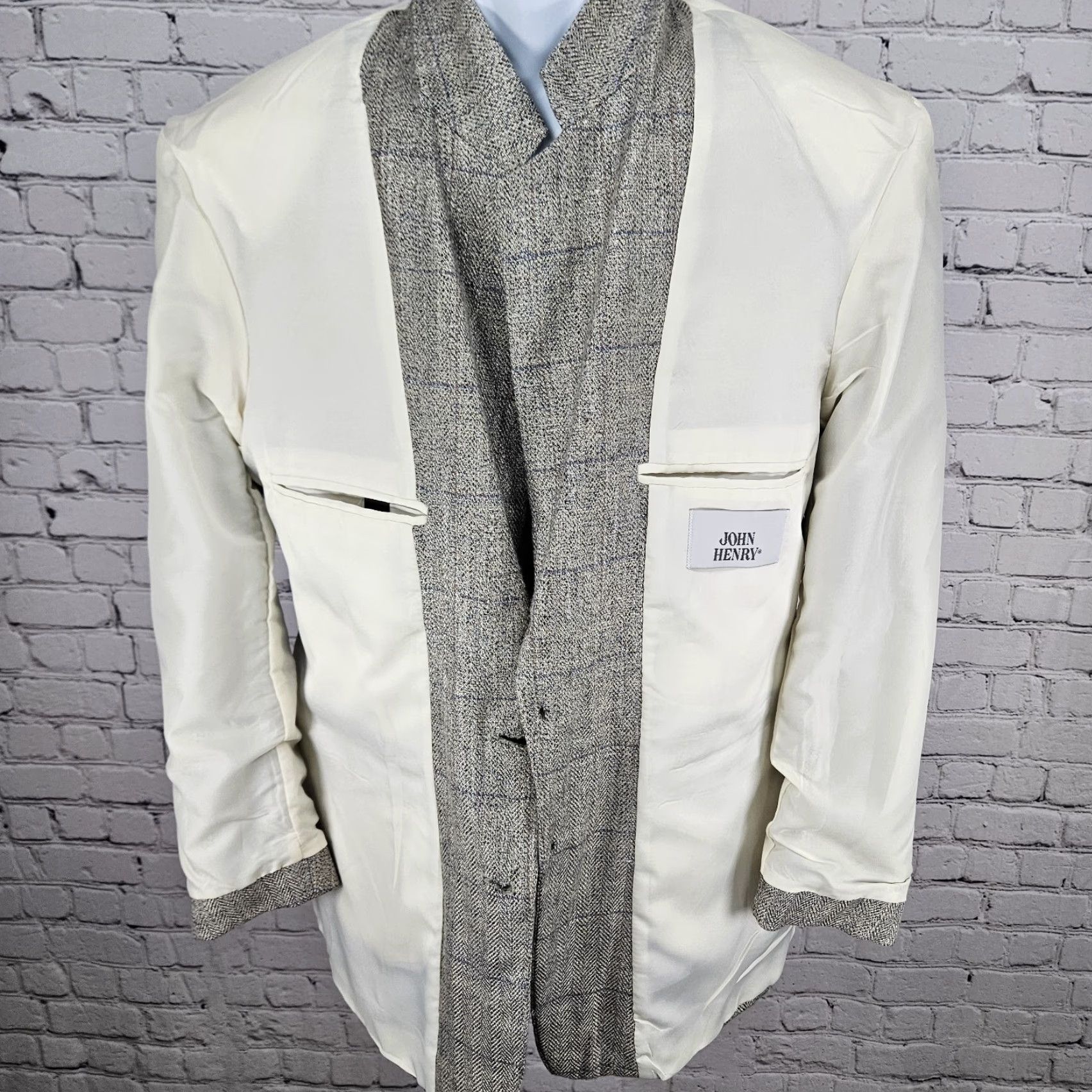 Vintage VINTAGE John Henry Beige Herringbone Weave 2 Button Ventless Notch Blazer Sport Coat 40R Mens Beige Herringbone Napoleon? Size 40R - 5 Thumbnail