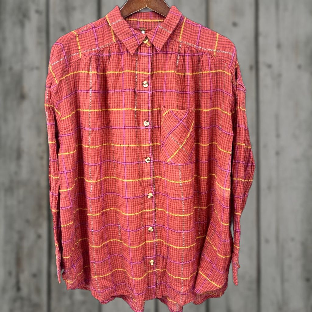 Free People Free People Shirt Womens M Plaid Oversized Button-Up x Bohemian Grunge Casual Fall Winter Spring Summer Red Size M / US 6-8 / IT 42-44 - 1 Thumbnail
