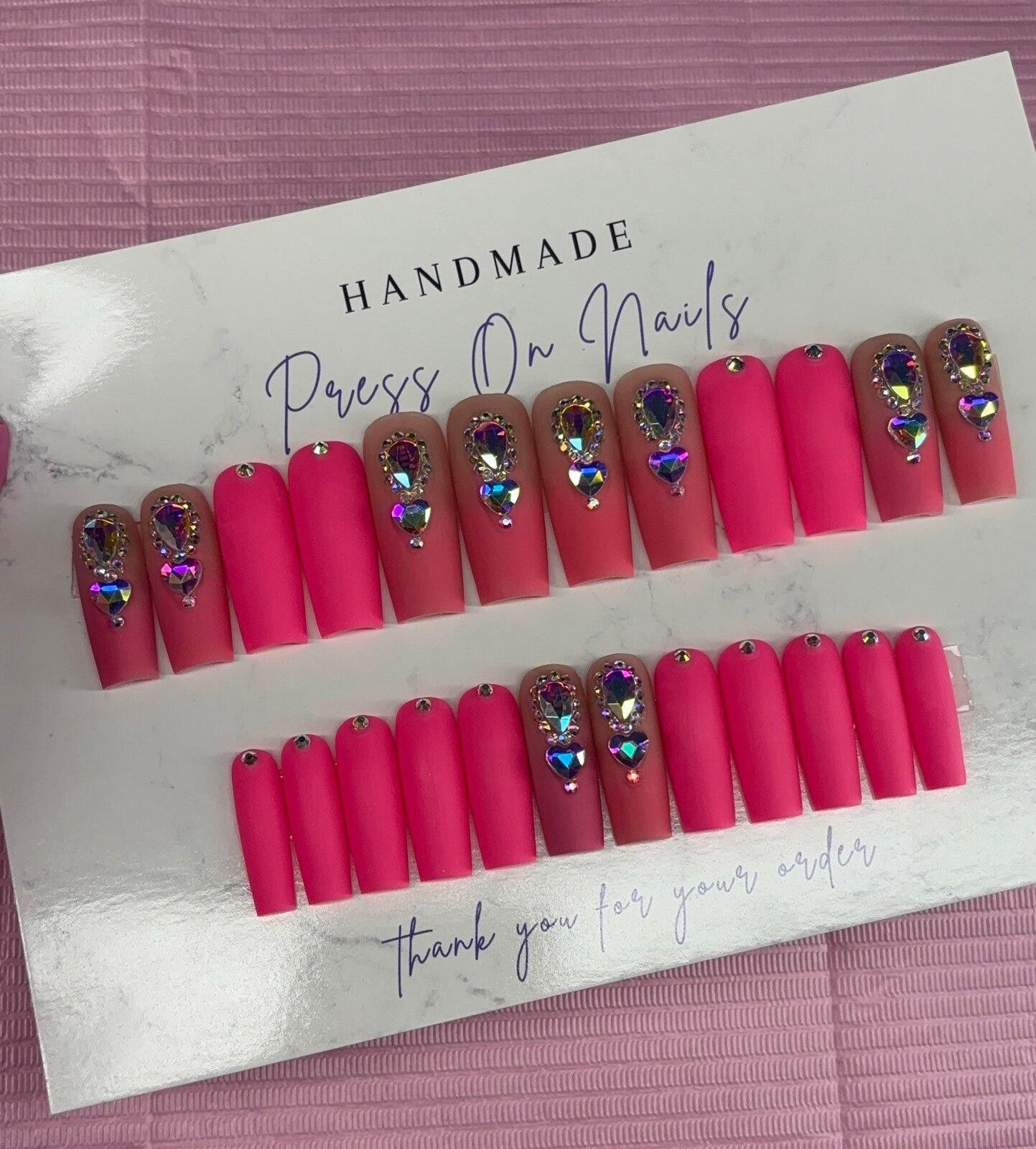 Handmade Long square Press on nails pink ombré rhinestones matte nude Size ONE SIZE - 8 Thumbnail