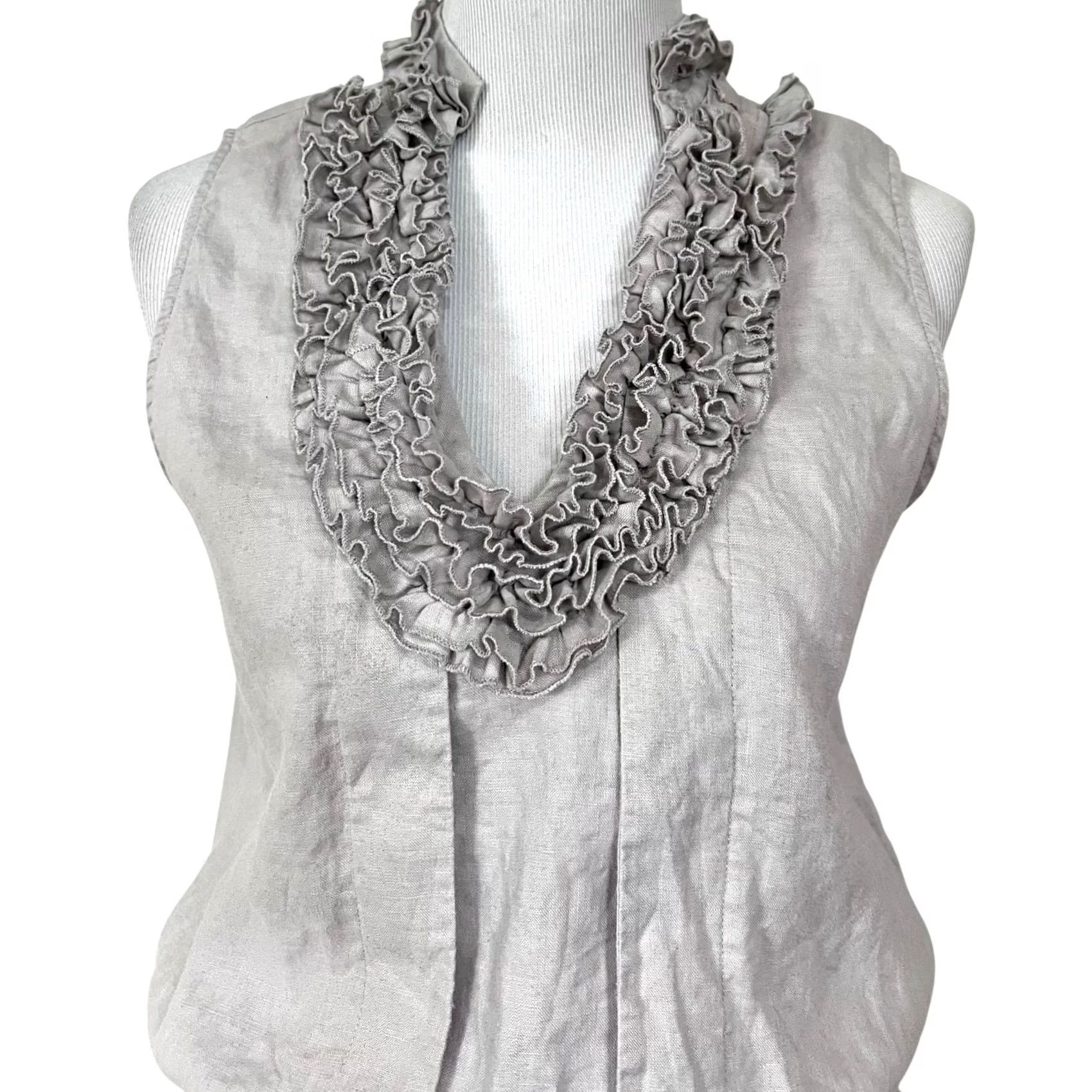 Vintage Zoe D. Women’s Linen Top Gray Sleeveless Cinched Waist Ruffled Collar Blouse M, Blouse, Women, Gray, Linen, Solid, Sleeveless, 50s? Size M / US 6-8 / IT 42-44 - 3 Thumbnail