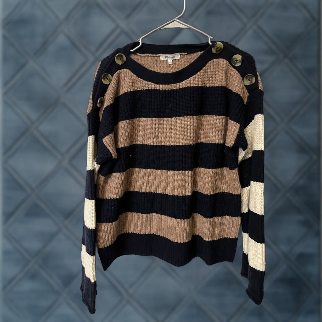 Madewell Madewell Merino Wool Sweater Womens Small Calloway Boat Neck Pullover Striped Brown Knit Crew Neck Casual Fall Winter Relaxed 100% Merino Wool Size S / US 4 / IT 40 - 1 Thumbnail