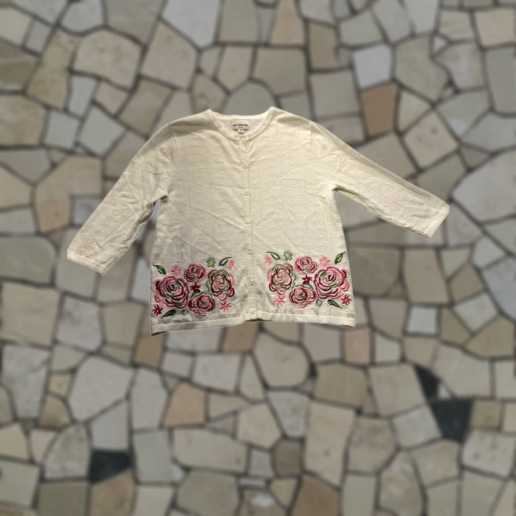 Vintage Breckenridge Cardigan Women's Petite Floral Embroidered Button-Up Sweater PL Cream Size L / US 10 / IT 46 - 1 Thumbnail