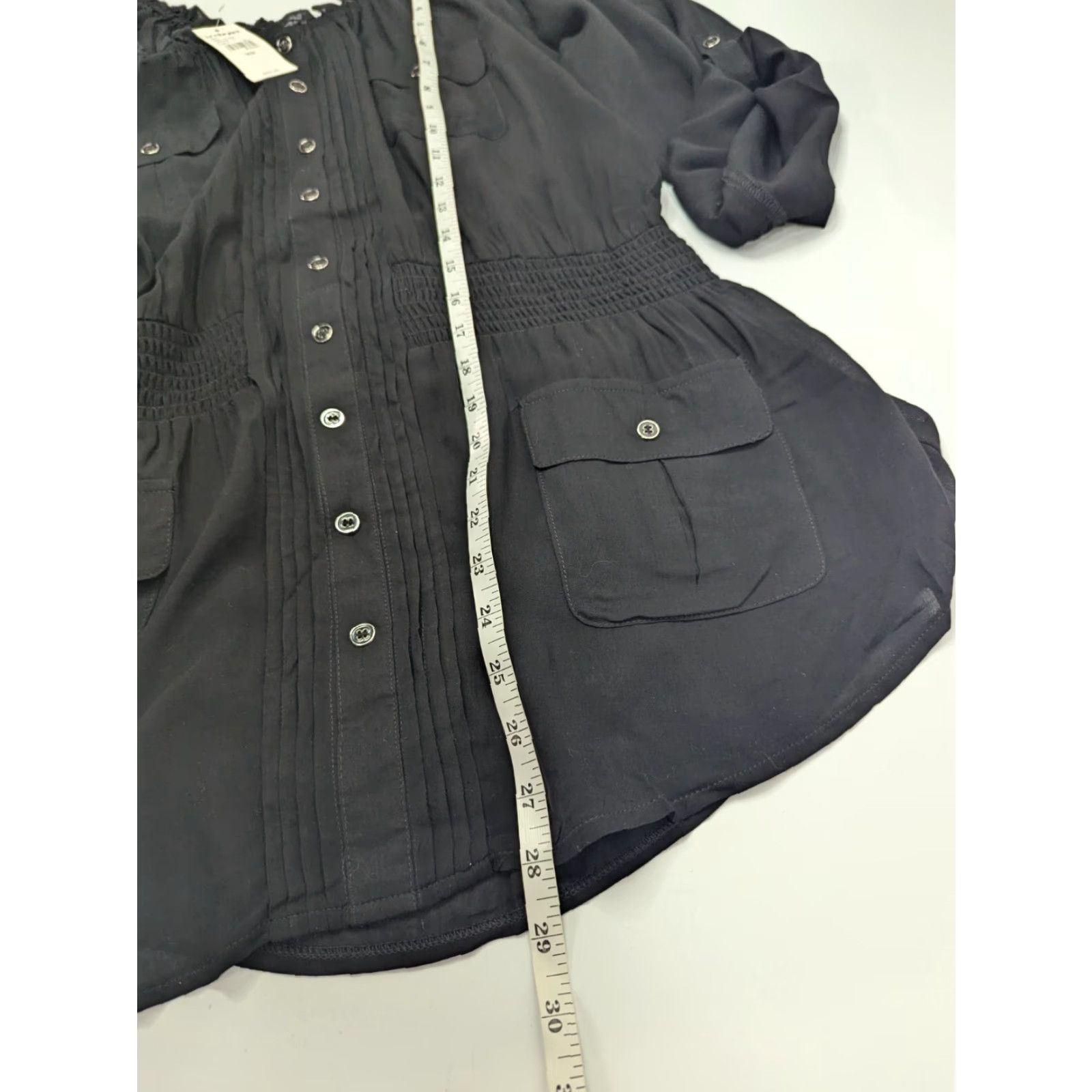 Vintage Lane Bryant Blouse Shirt | Plus Size 18/20 | Black Rayon Roll Tab Sleeve Front Button Pockets | 3/4 Sleeve | Round Neck | Women Size XXL / US 16-18 / IT 52-54 - 4 Thumbnail