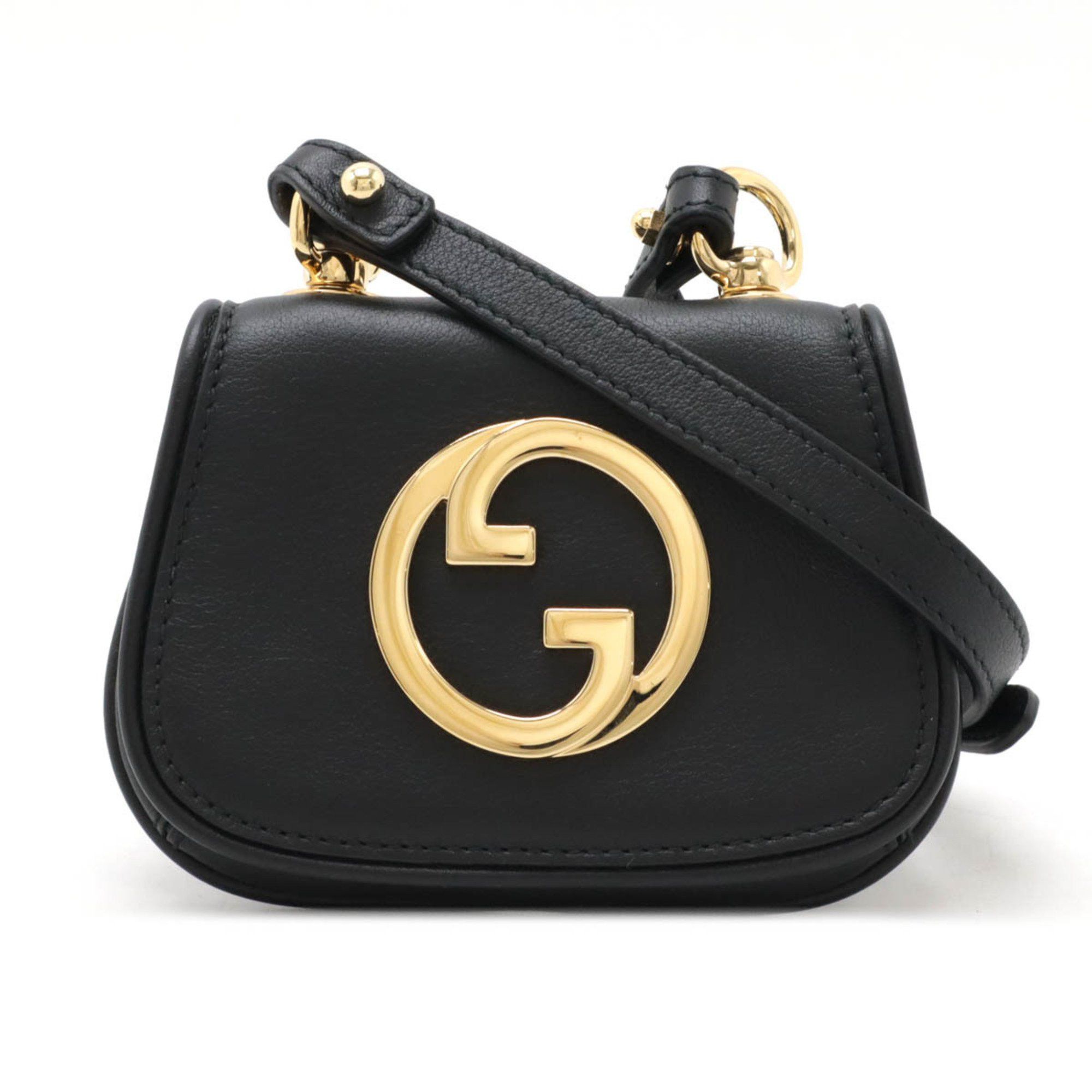 Gucci Blondie Card Case Wallet Pochette Shoulder Pouch Bag Leather Black 698635, Women's