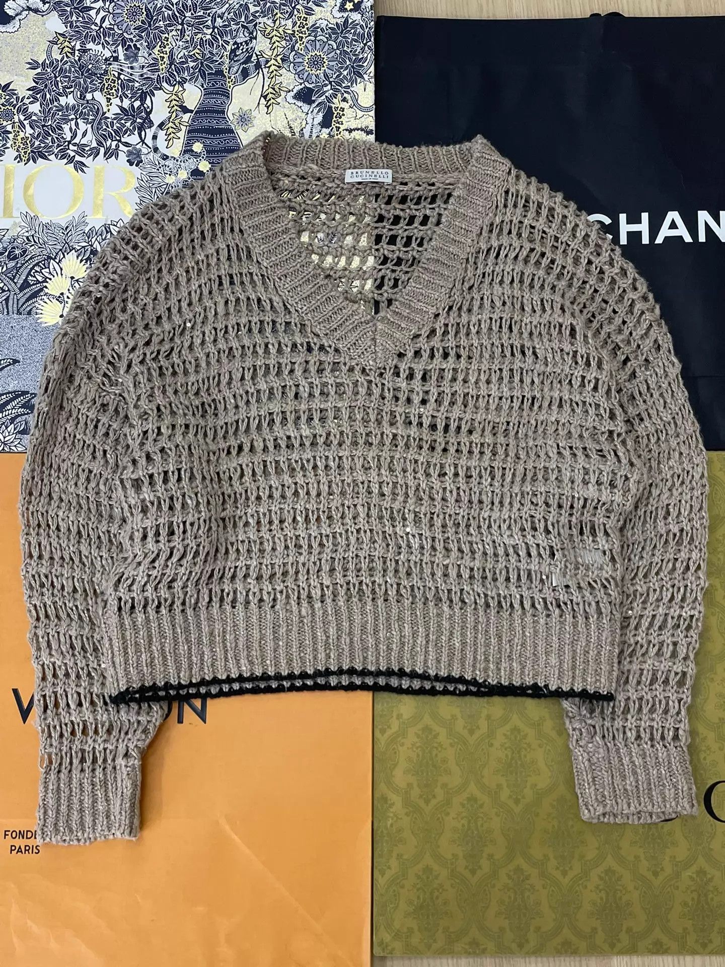 Brunello Cucinelli Brunello Cucinelli Khaki V-neck Sequin Cutout Knit XS Size XS / US 0-2 / IT 36-38 - 1 Thumbnail