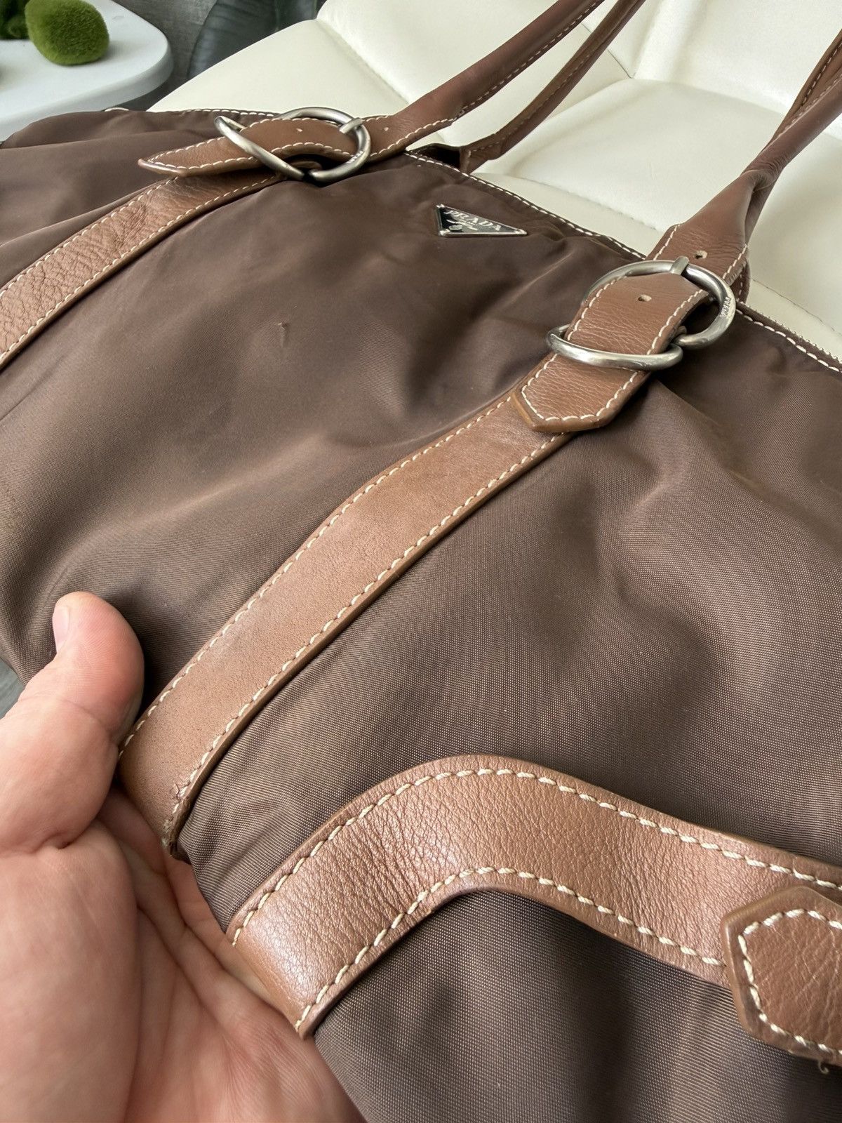 Prada Vintage 00s Prada Triangle Logo Nylon & Leather Brown Bag Size ONE SIZE - 7 Thumbnail