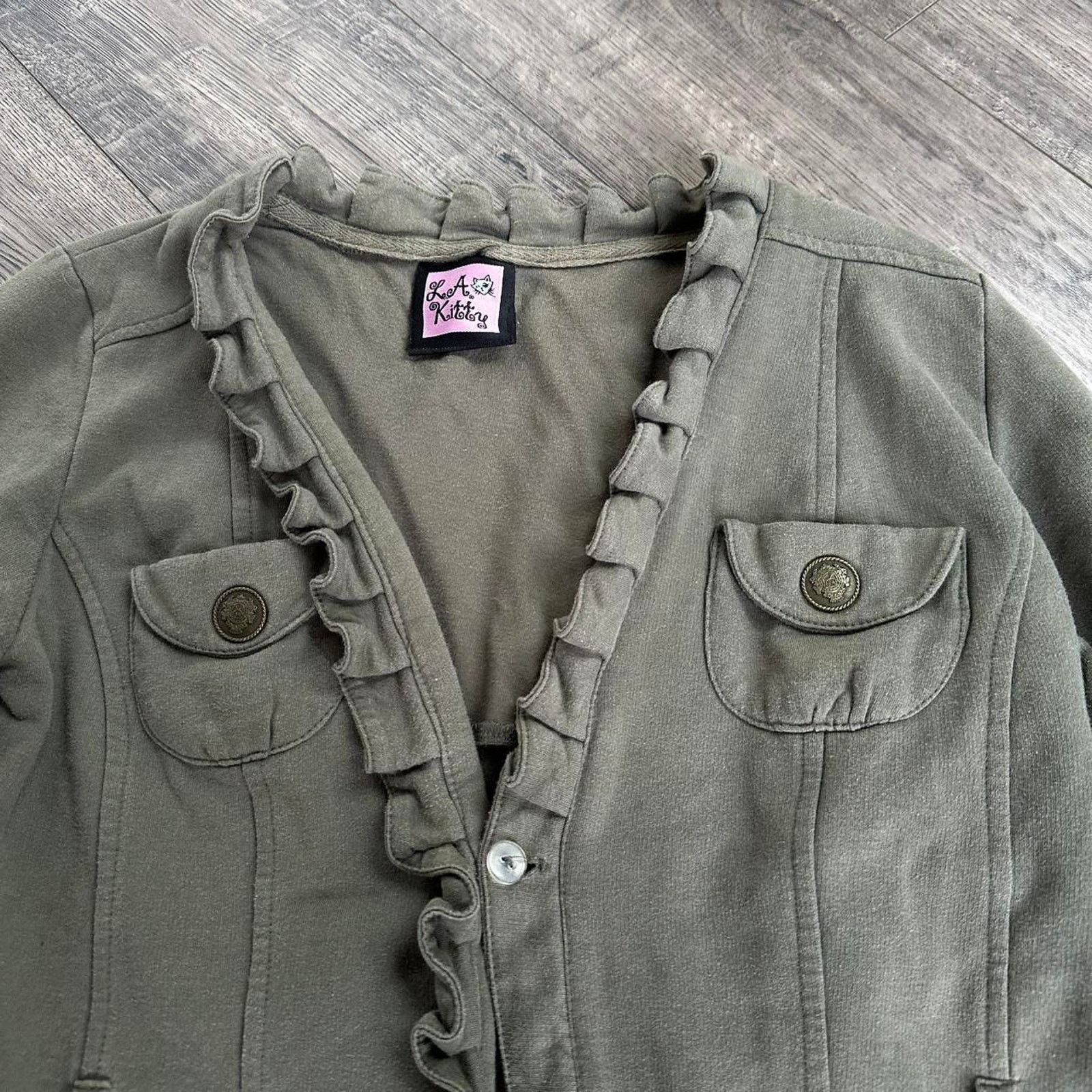 Vintage Vintage Y2K LA Kitty Ruffled Mini Blazer Cotton Green Jacket Size M / US 6-8 / IT 42-44 - 6 Thumbnail
