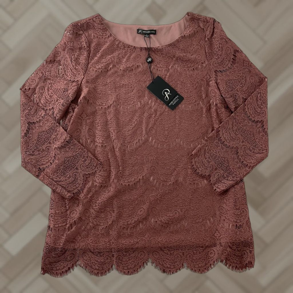 Adrianna Papell Adrianna Papell Blouse Knit 3/4 Sleeve Pink Women's Small Mauve Tailored Pattern Scallop Lace Shirt Womens Size S / US 4 / IT 40 - 1 Thumbnail