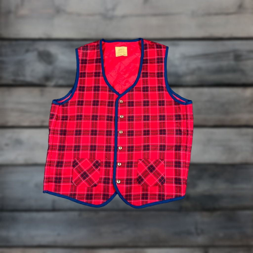 Sears VINTAGE VTG 80s Sears Flannel Vest Adult XL Tall Red Tartan Plaid Quilted Snap Button Size US XL / EU 56 / 4 - 1 Thumbnail