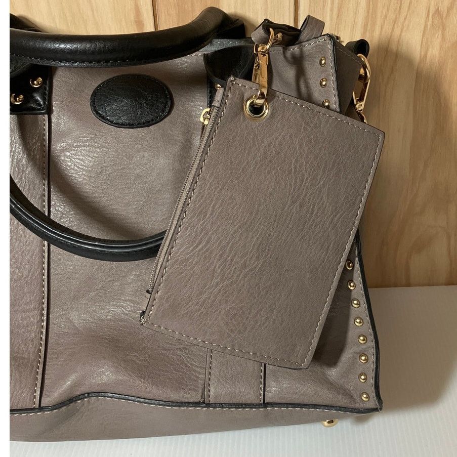 Other Taupe & Black Studded Accent Faux Leather Handbag Size ONE SIZE - 6 Thumbnail