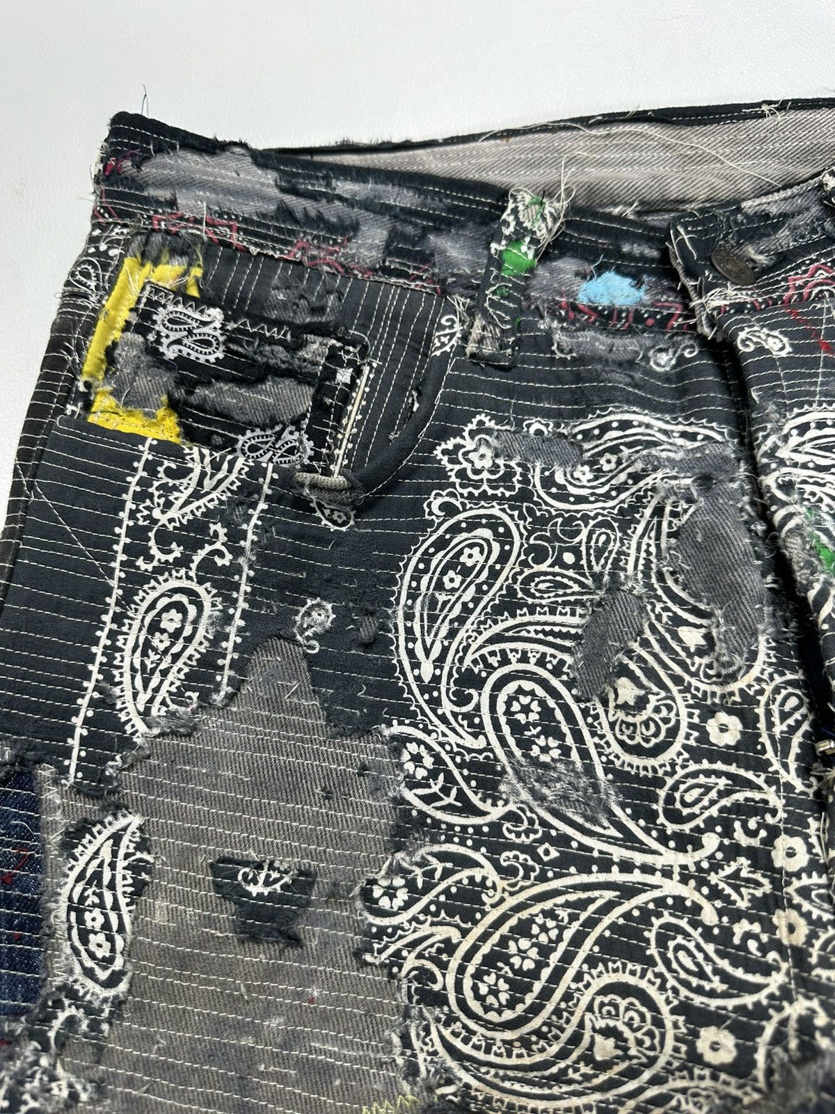 Handmade Custom Made Distressed Paisley Patchwork hemless Jeans pants Size US 30 / EU 46 - 6 Thumbnail