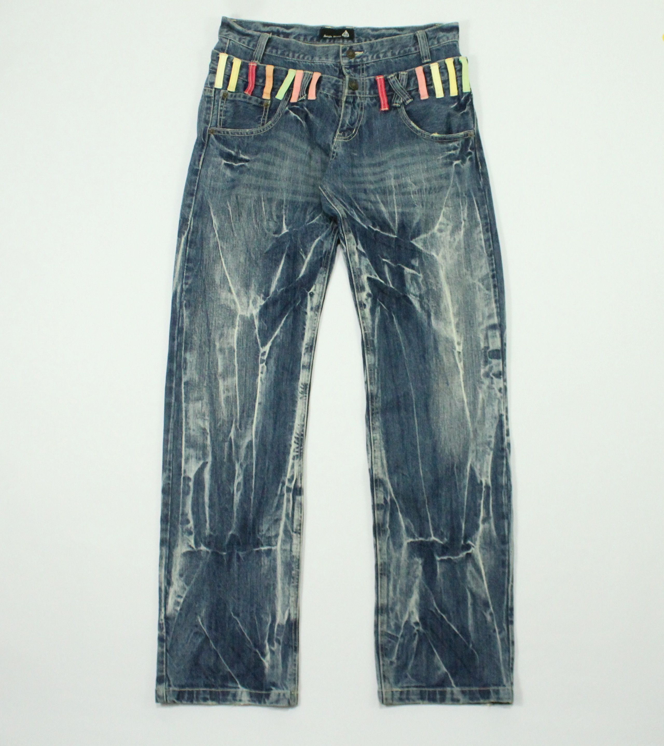 Japanese Brand Double Waist JUNGLE STORM Denim Marble Whisker Acid Washed Size US 33 - 1 Thumbnail