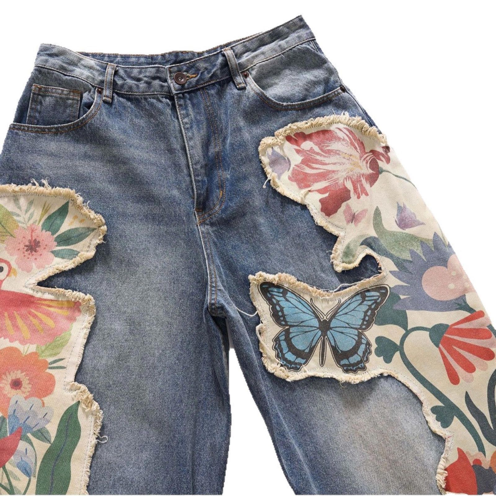 Japanese Brand Blue Wide Leg Denim Jeans with Floral Patchwork Size 32" / US 10 / IT 46 - 5 Thumbnail