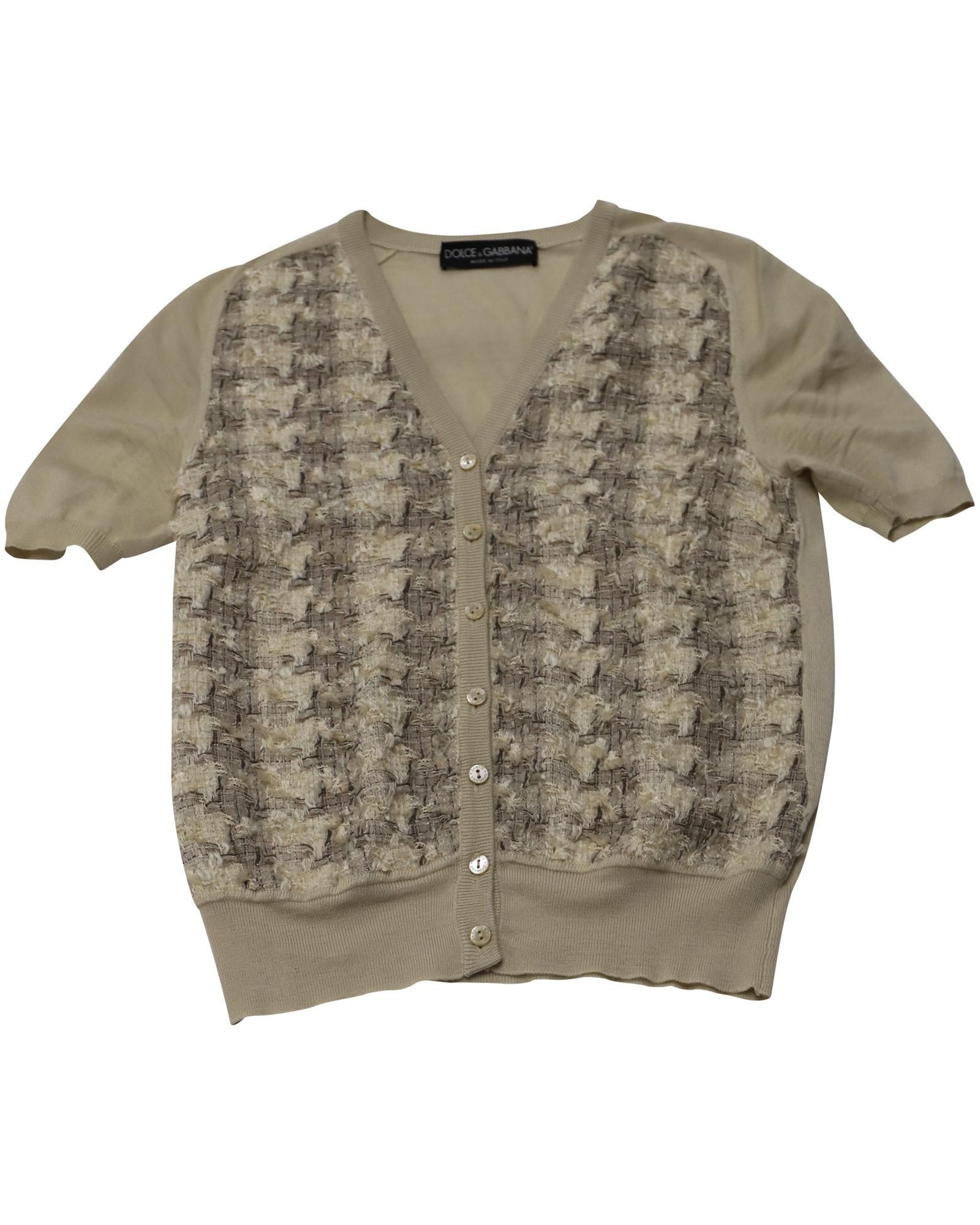 image of Dolce Gabbana Knit Tweed Top In Beige Cotton in Beige Print, Women's (Size XS)