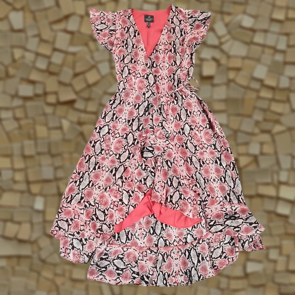 Adrianna Papell Adrianna Papell Womens Midi Dress Pink 6 UK Snake Pattern Wrap Front Frill Dress Size M / US 6-8 / IT 42-44 - 1 Thumbnail