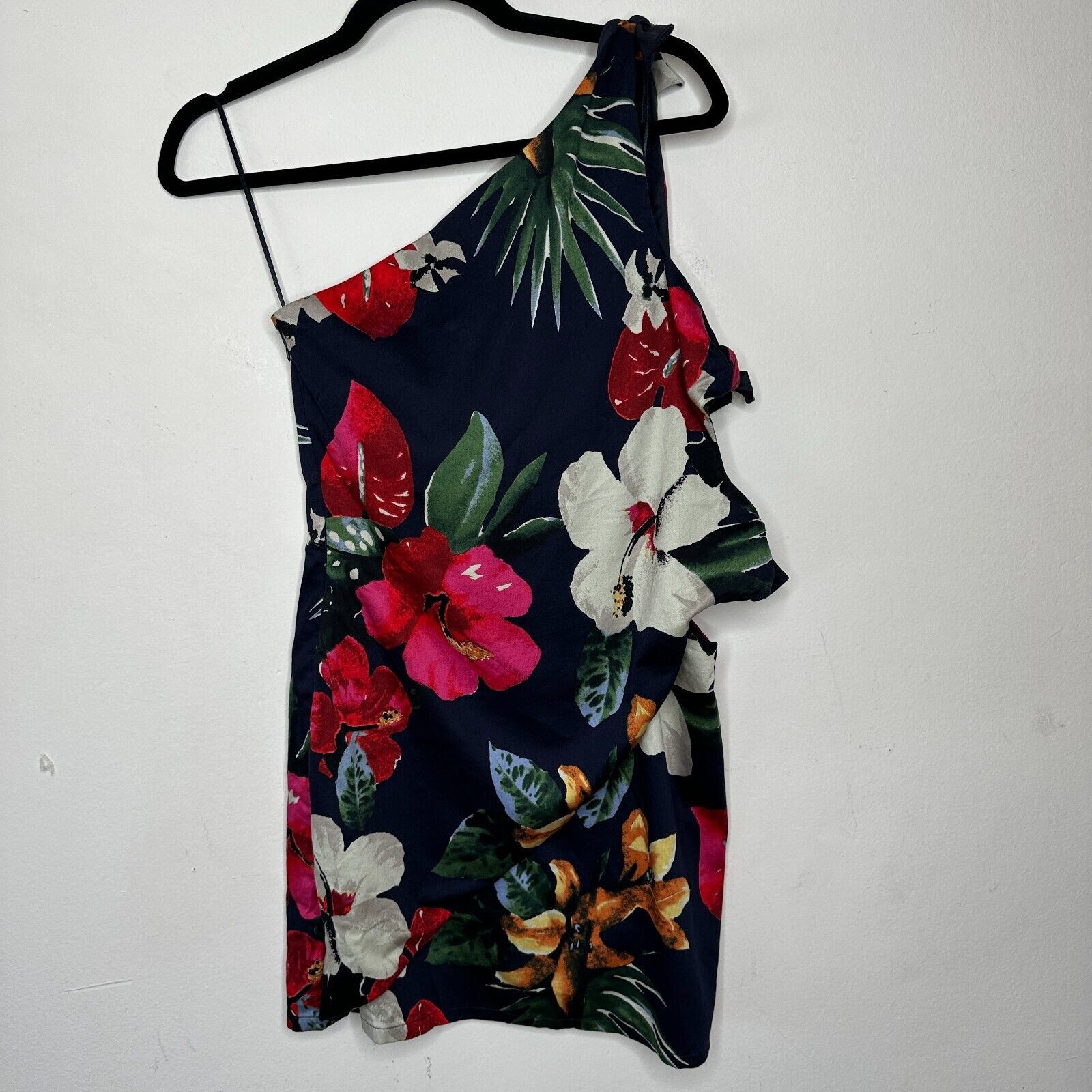 Zara Zara Navy Floral Side Tie One Shoulder Mini Dress Side Zip M Size M / US 6-8 / IT 42-44 - 2 Thumbnail