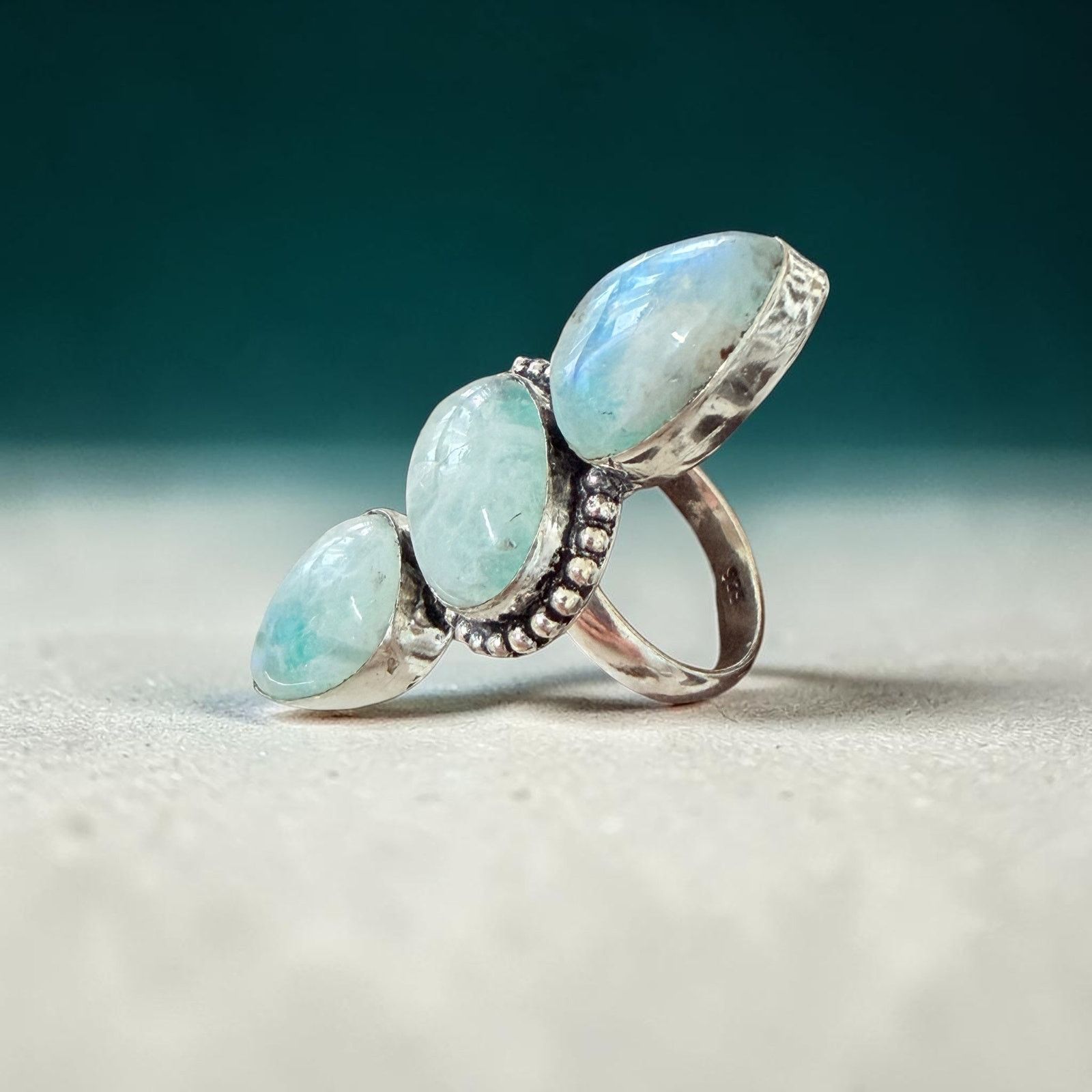Other Rainbow Moonstone 3 Stone Statement Ring 925 Silver Overlay Size ONE SIZE - 4 Thumbnail