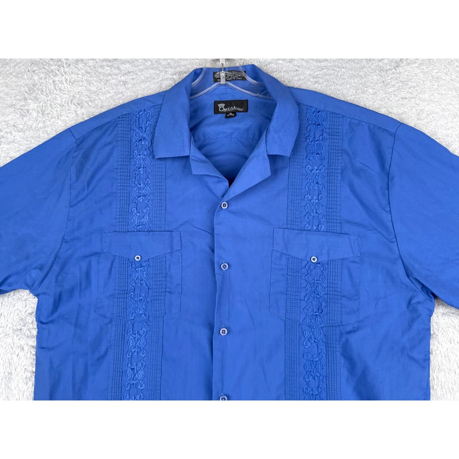 Omega Omega Fashion Guayabera Shirt Men 17.5 Blue Cotton Polyester Blend 4 Pocket Button-Up Size US XXL / EU 58 / 5 - 4 Thumbnail