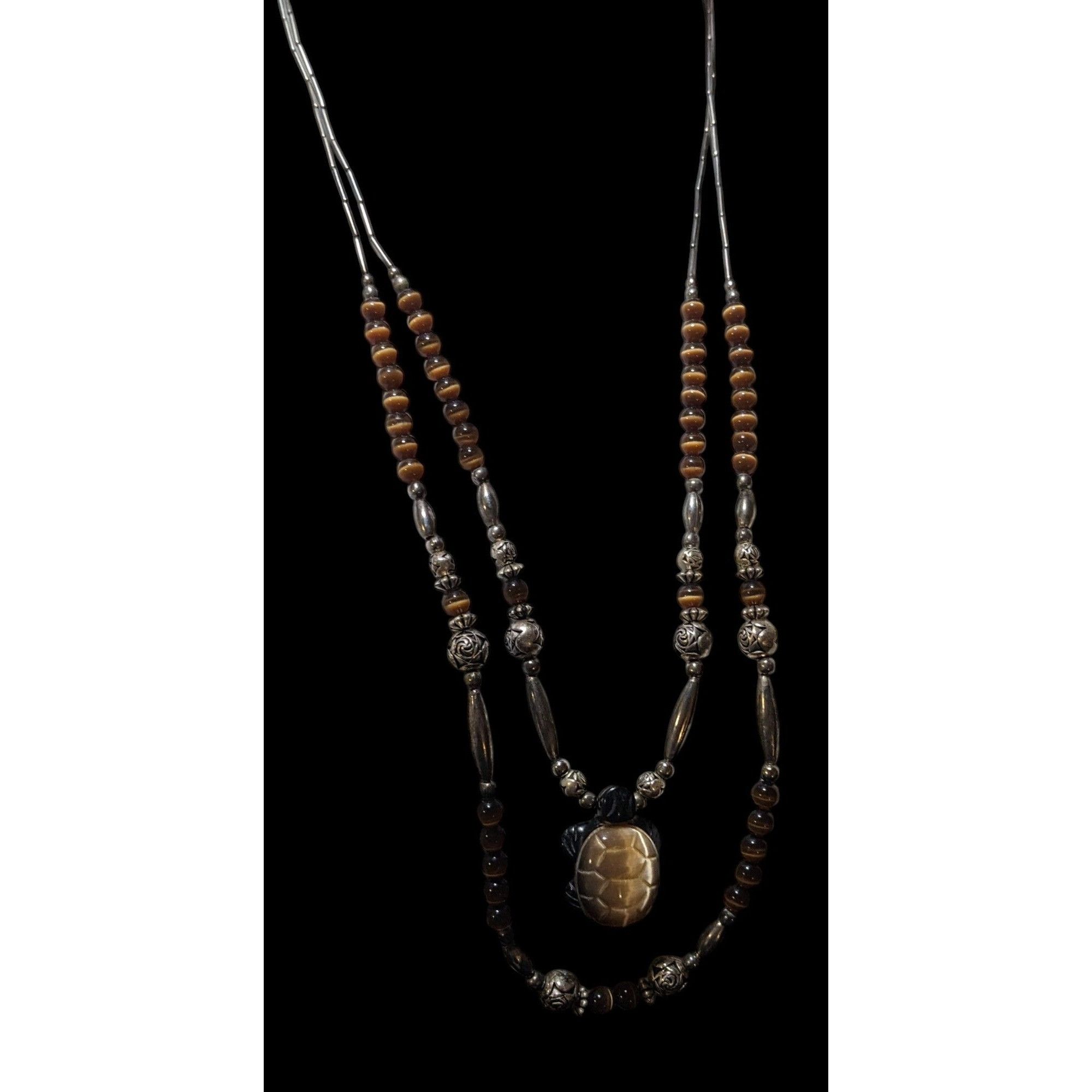Other Vintage Liquid Silver Brown Cateye Beaded Multilayer Carved Size ONE SIZE - 7 Thumbnail