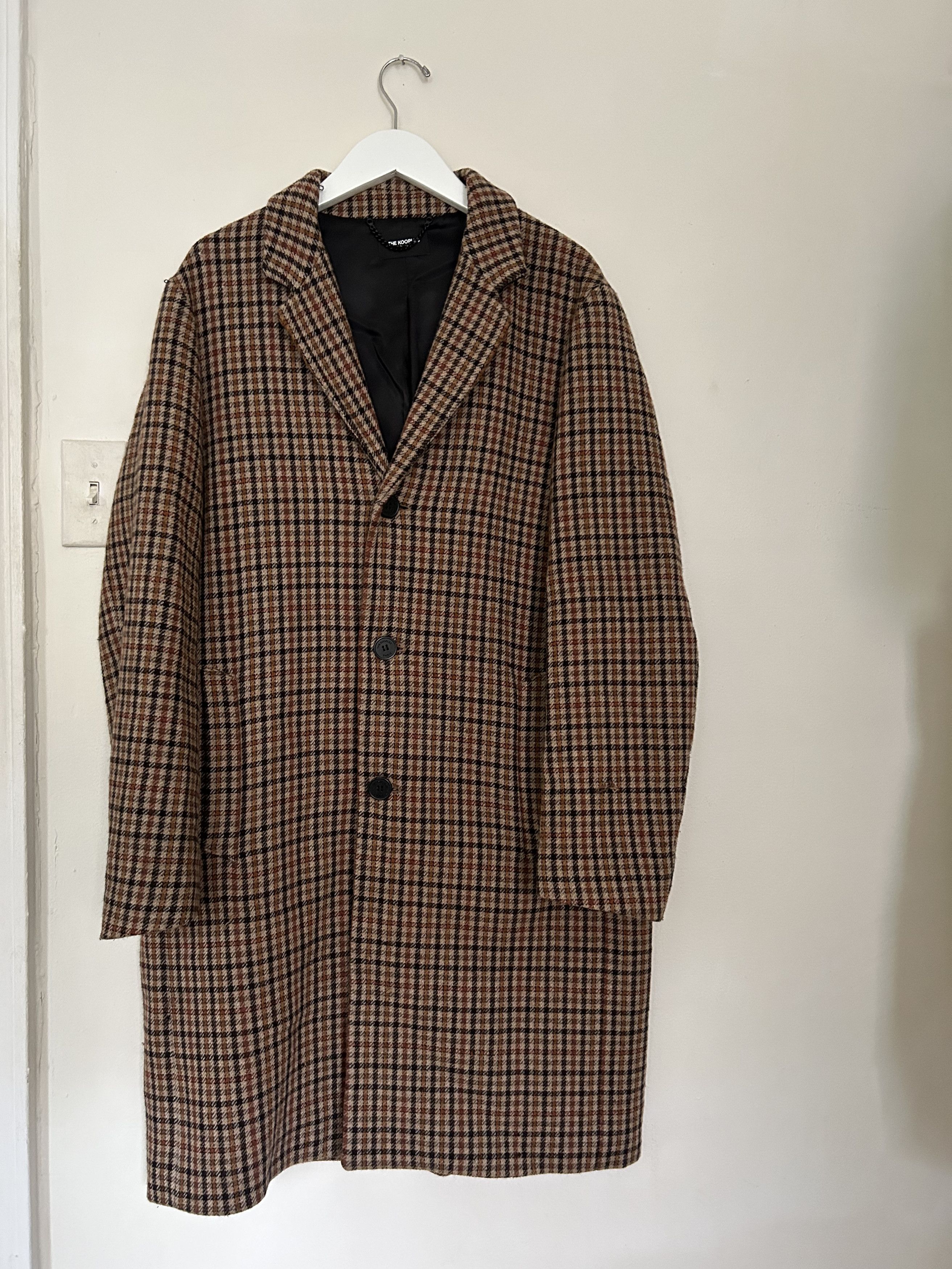 image of The Kooples Kooples Straight-Cut Check Camel Printed Coat In Wool in Camel Check, Men's (Size Small