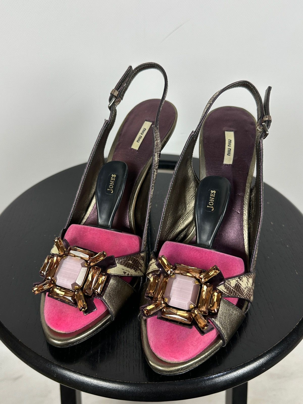 Miu Miu Miu Miu Leather Snakeskin Jewel Slingback Sandals Heels Size US 10 / IT 40 - 12 Thumbnail