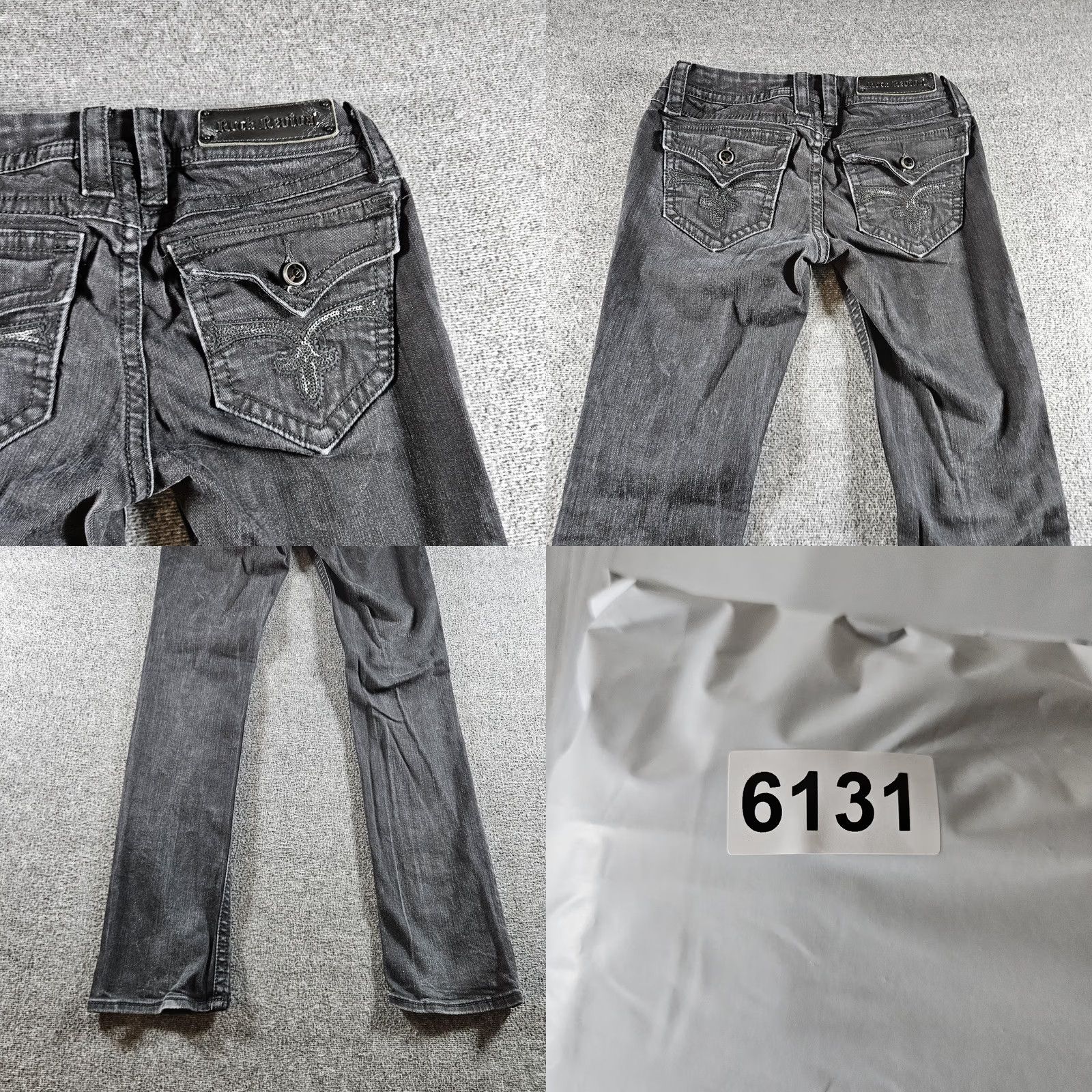 Vintage Rock Revival Jeans Womens 29 Gray Charcoal Denim 29x31 Straight Low Rise Slim 5-Pocket Buttons Embroidered Logo Vintage No Size 29" - 9 Thumbnail
