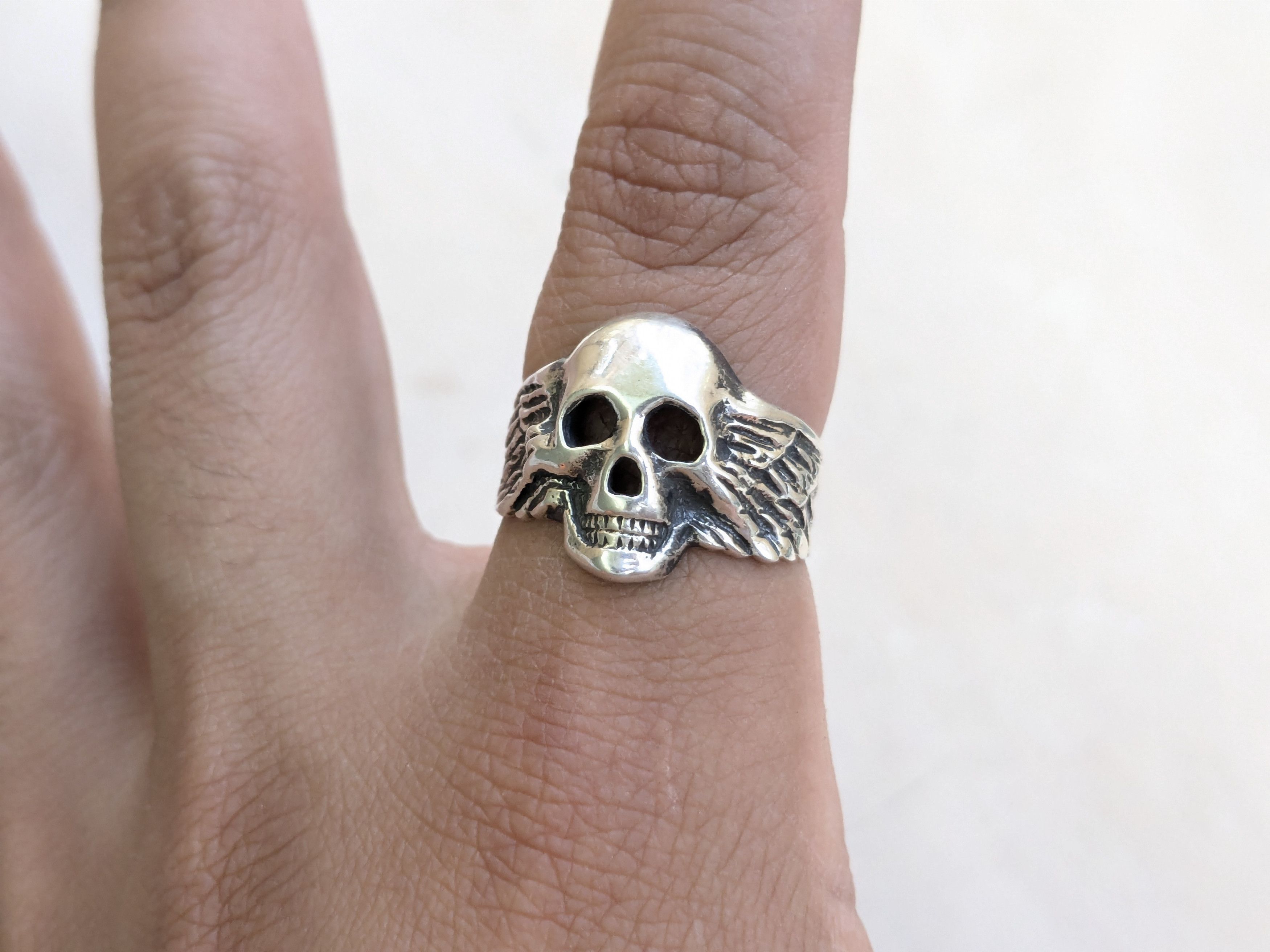 Jewelry × Vintage Vintage Sterling Silver Skull Ring Biker 10.75 Wings Size ONE SIZE - 12 Thumbnail