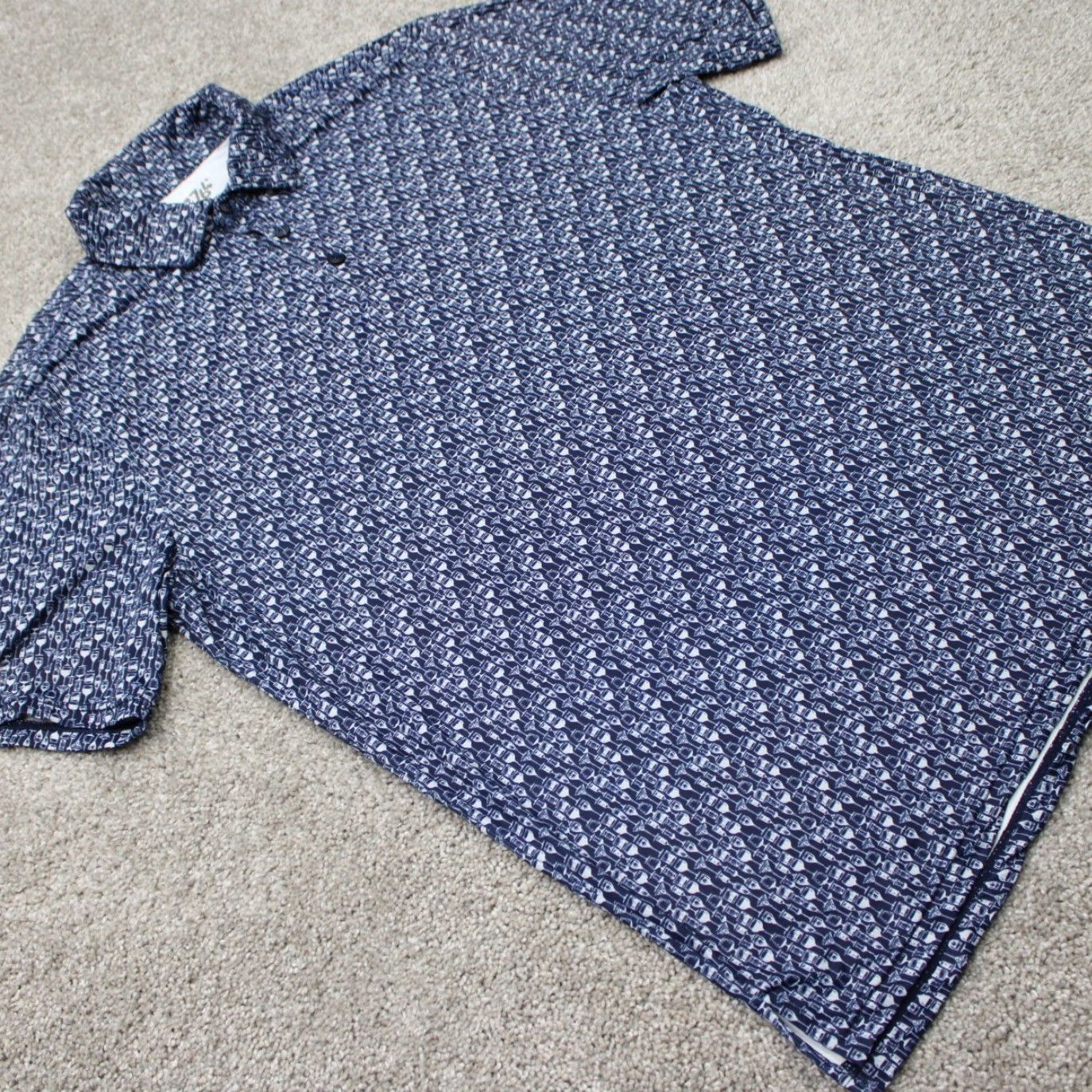 Vintage 1764 Polo Shirt Mens Large Blue Geometric Print Short Sleeve Polo Shirt Large Blue 1764 Sports Golf Casual Men’s Shirt Material Polyester Spandex Size US L / EU 52-54 / 3 - 7 Thumbnail