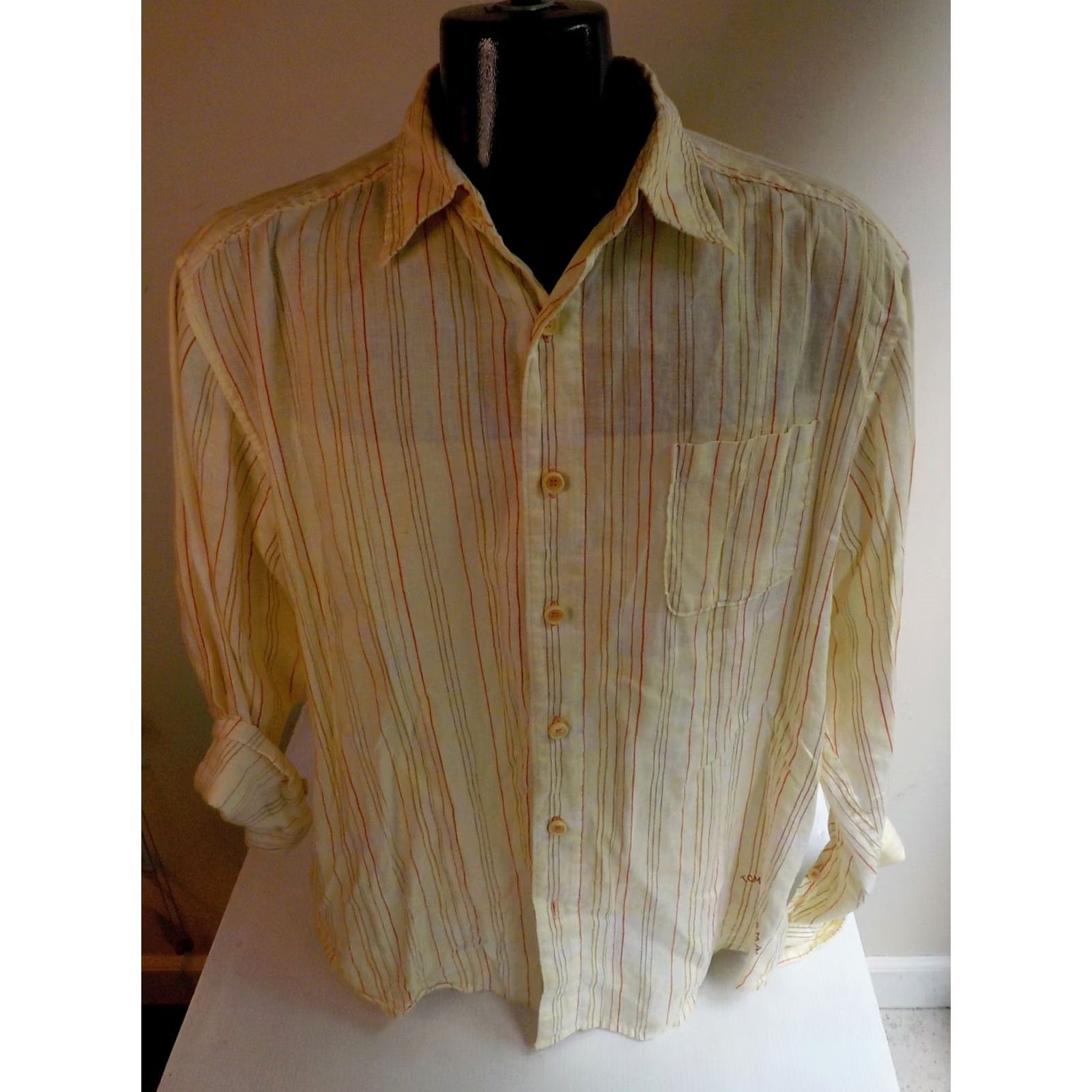 Tommy Bahama TOMMY BAHAMA Linen LS Button Front Striped Shirt Yellow Red Gold Brown SZ L Shirt Mens Linen Striped Button-Up Long Sleeve Size US L / EU 52-54 / 3 - 2 Thumbnail