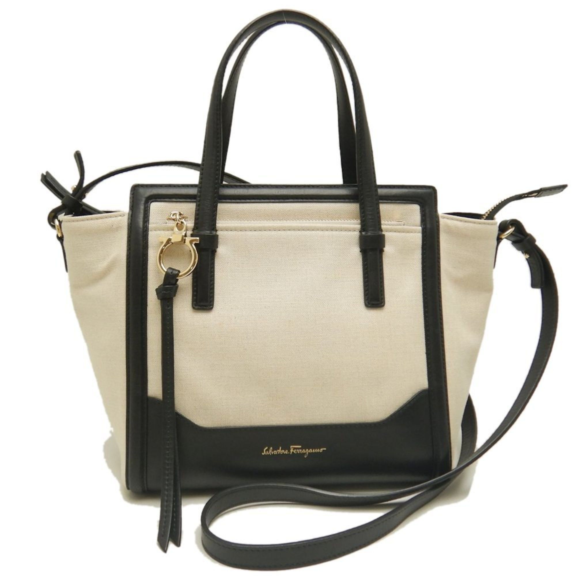 Salvatore Ferragamo Amy Re-21F830 Tote Bag Canvas X Leather Ivory Black 252839, Women's