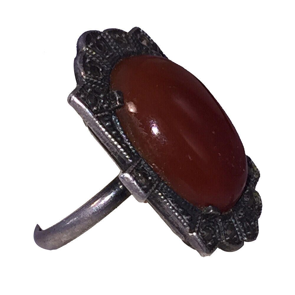 Designer Art Deco Sterling Oblong Carnelian and Marcasite Ring Size ONE SIZE - 2 Thumbnail