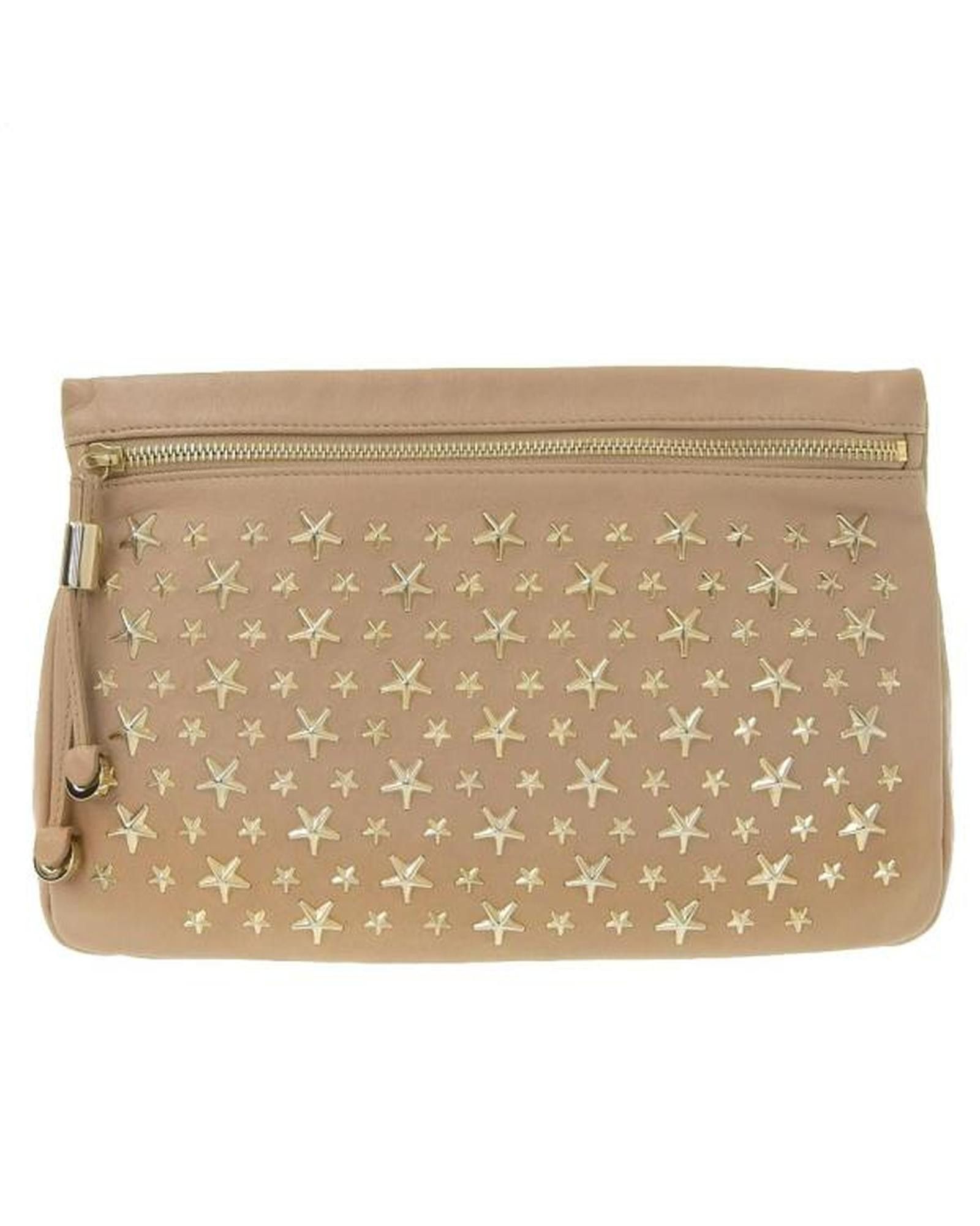 image of Jimmy Choo Studded Leather Clutch Bag in Brown, Women's
