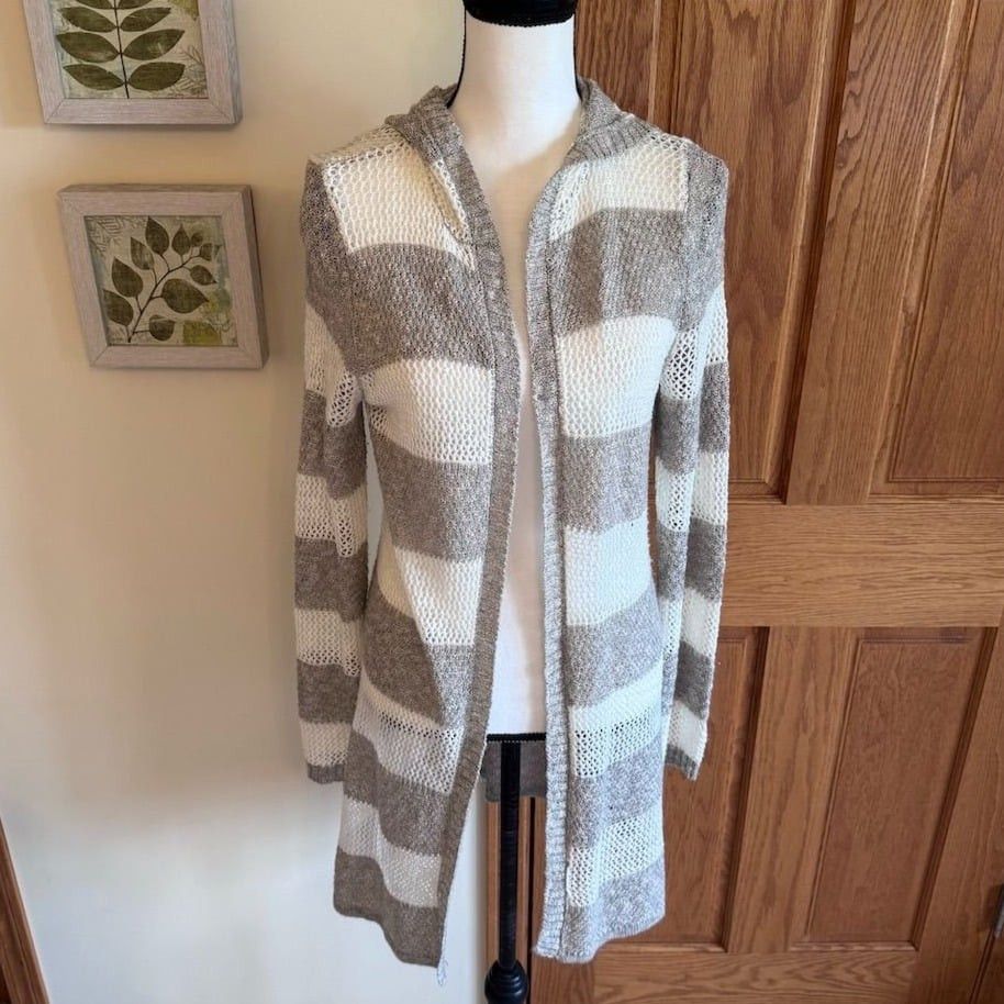 Other AGB Women's Hooded Longline Cardigan Tan Cream Striped Knit Size L / US 10 / IT 46 - 2 Thumbnail