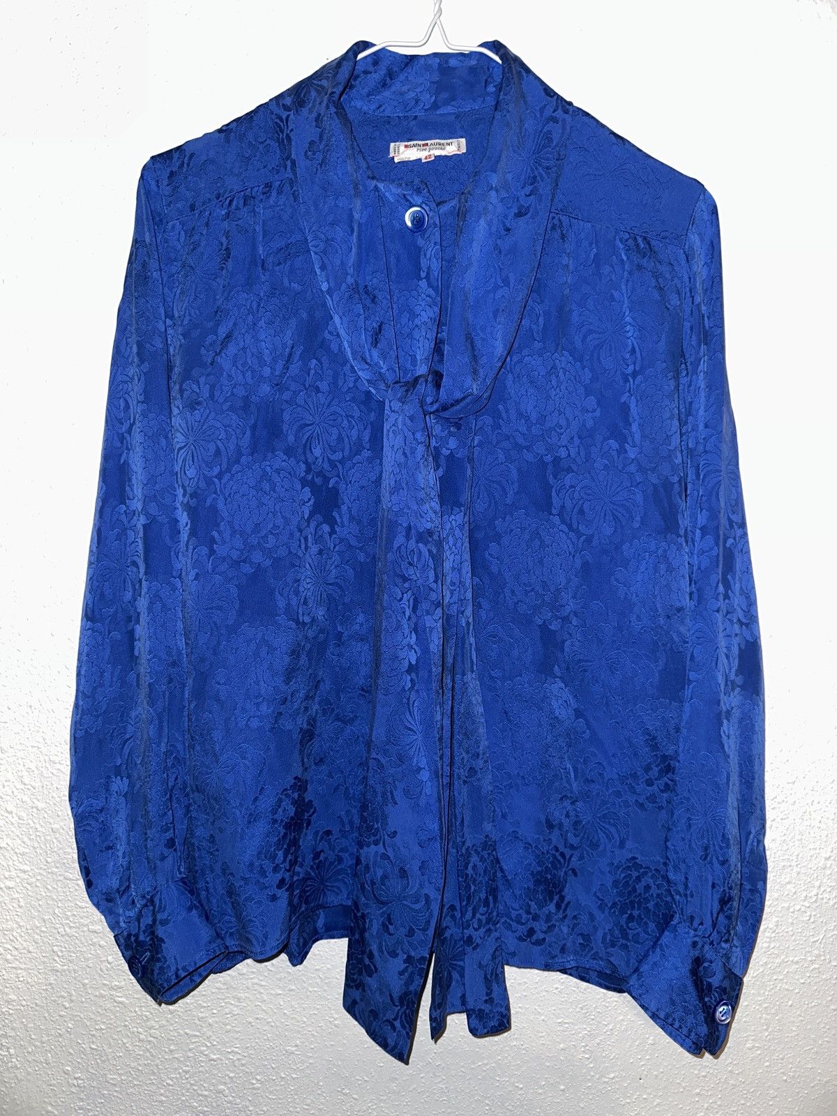 image of YVES Saint Laurent Vintage Saint Laurent Rive Gauche Jacquard Silk Bow Blouse in Blue, Women's (Siz