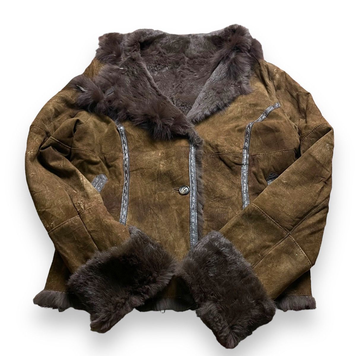 If Six Was Nine VINTAGE SPANISH RABBIT SHEEP LEATHER BLUE FOX FUR JACKET Size M / US 6-8 / IT 42-44 - 3 Thumbnail