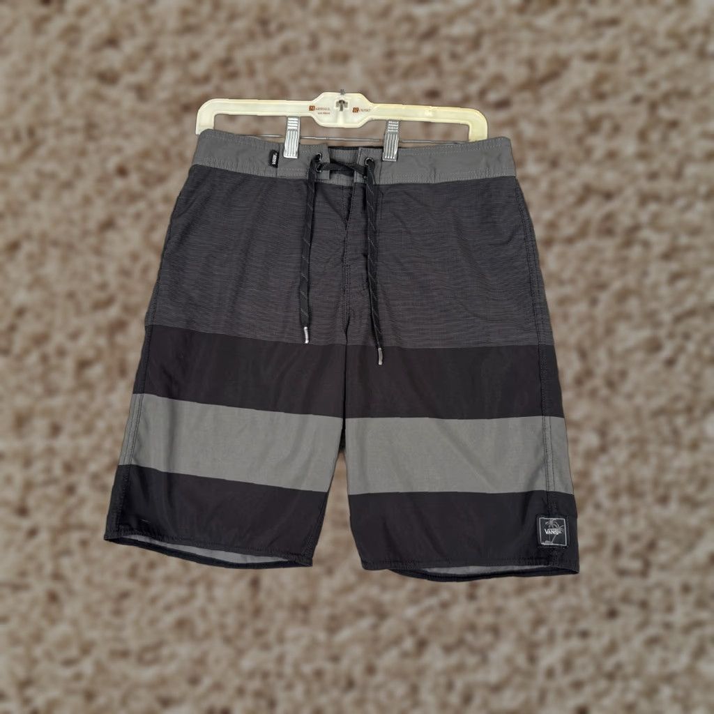 Vans VANS Board Shorts Mens 28 Black Gray Stripe Beach Surf 28x9 Polyester Pockets Modern Regular Mens Size US 28 / EU 44 - 1 Thumbnail