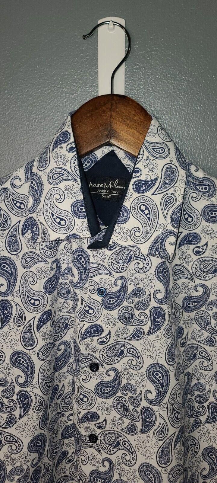 Designer Azure Milano Men White Shirt With Paisley Print Cotton Small Size 36R - 3 Thumbnail
