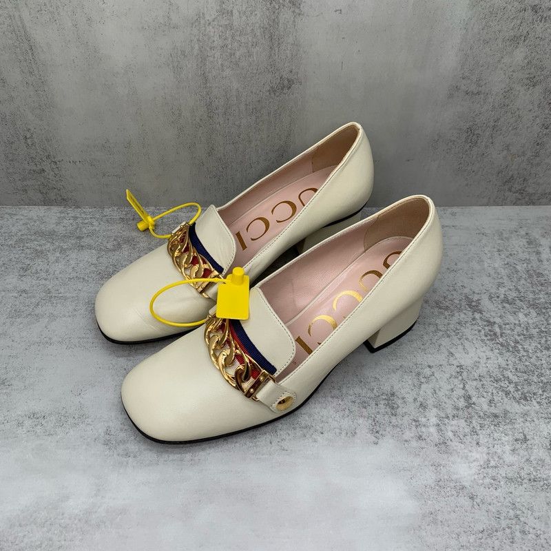 Gucci Gucci Sylvie Beige Leather Chunky Heels 0079 Size US 5 / IT 35 - 1 Thumbnail