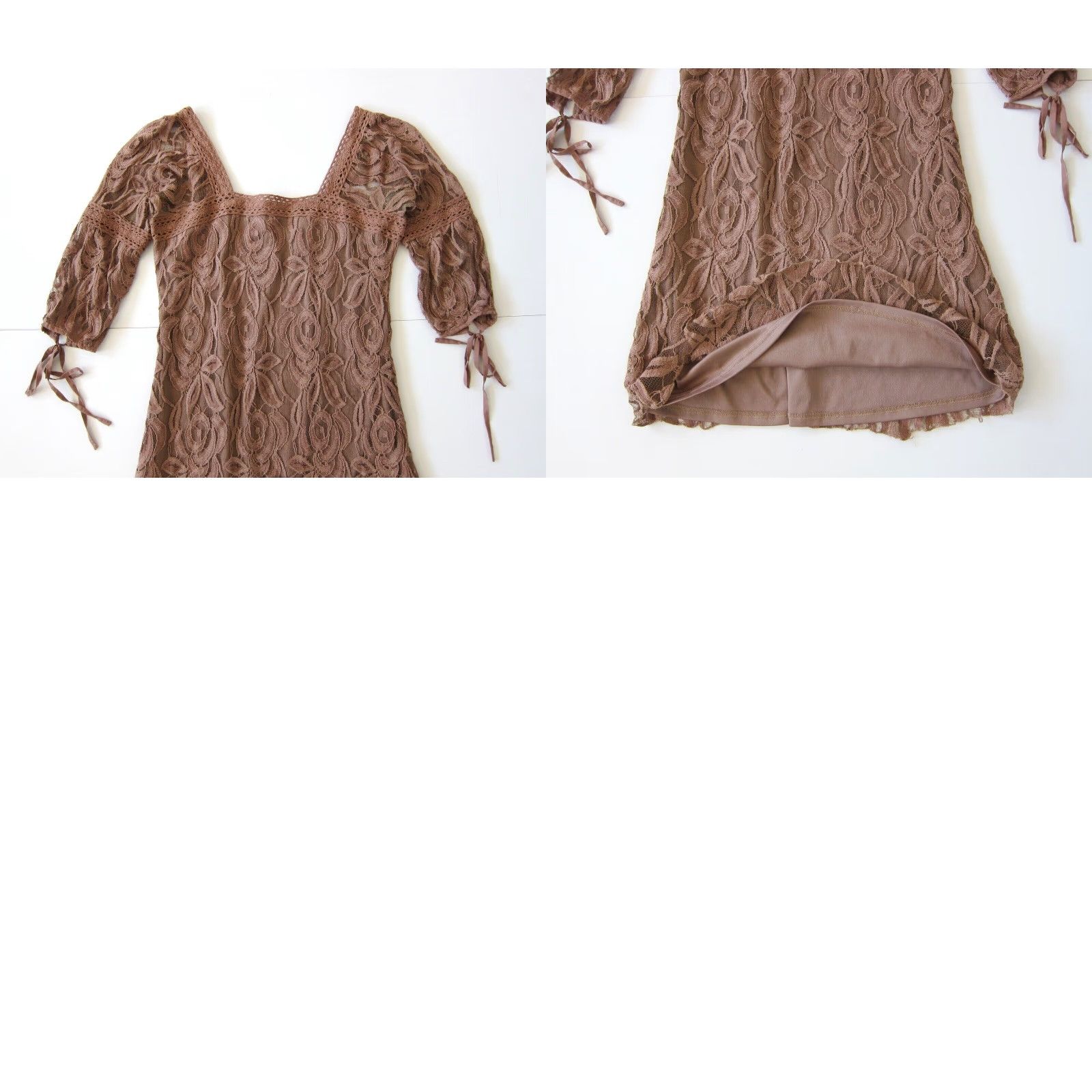Vintage Solitaire Ravi Khosla Brown Crochet Lace Square Neck 3/4 Sleeve Tunic Dress M Size M / US 6-8 / IT 42-44 - 8 Thumbnail