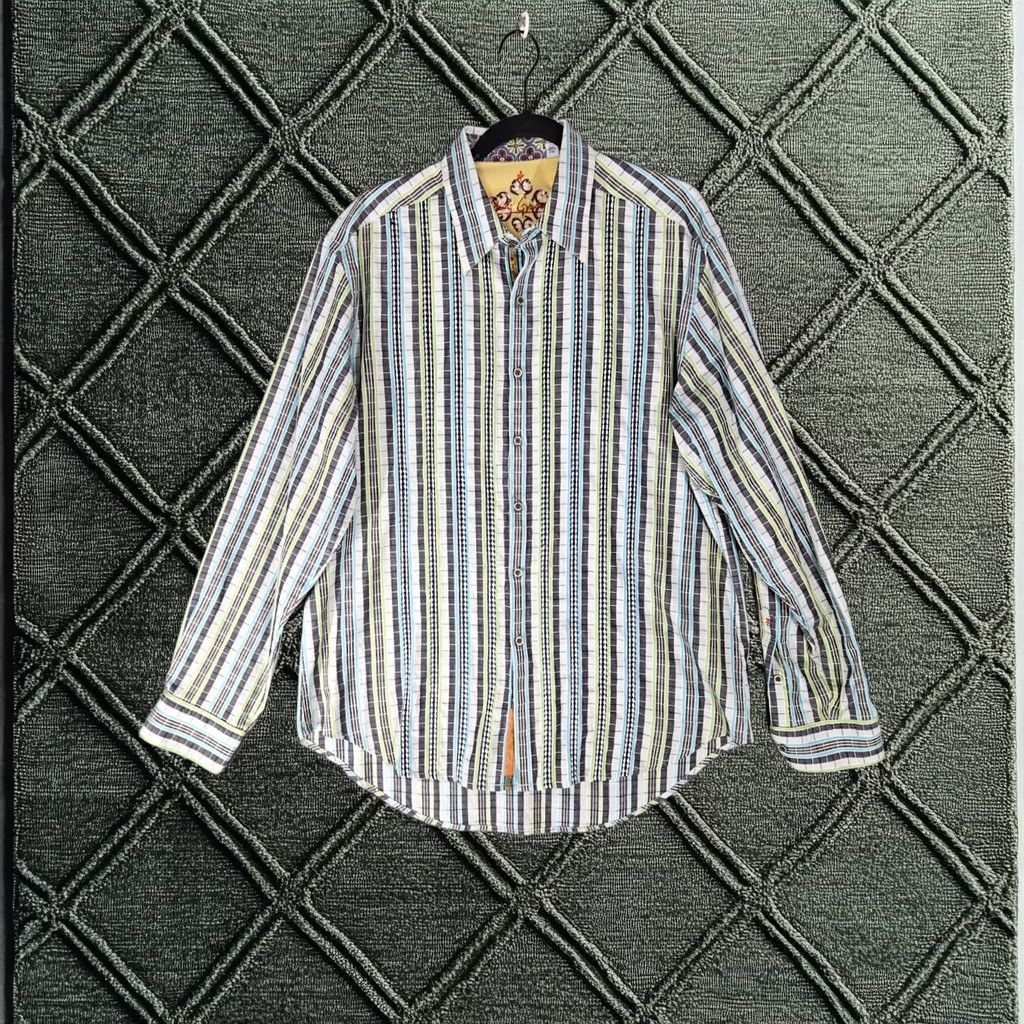 Robert Graham Dress Shirt Men Large Blue Green Stripe Long Sleeve Cotton Silk Classic Fit, Men's (Size 42r)